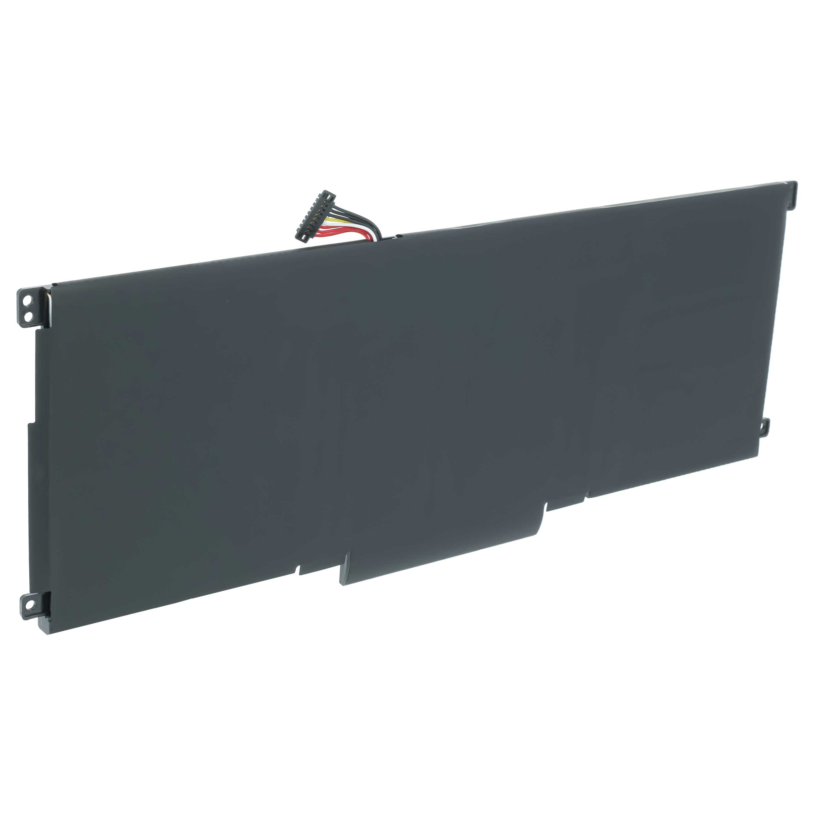 Flacher, schwarzer Laptop-Akku mit einem kurzen Kabel und einem kleinen Stecker oben auf einem weißen Hintergrund.