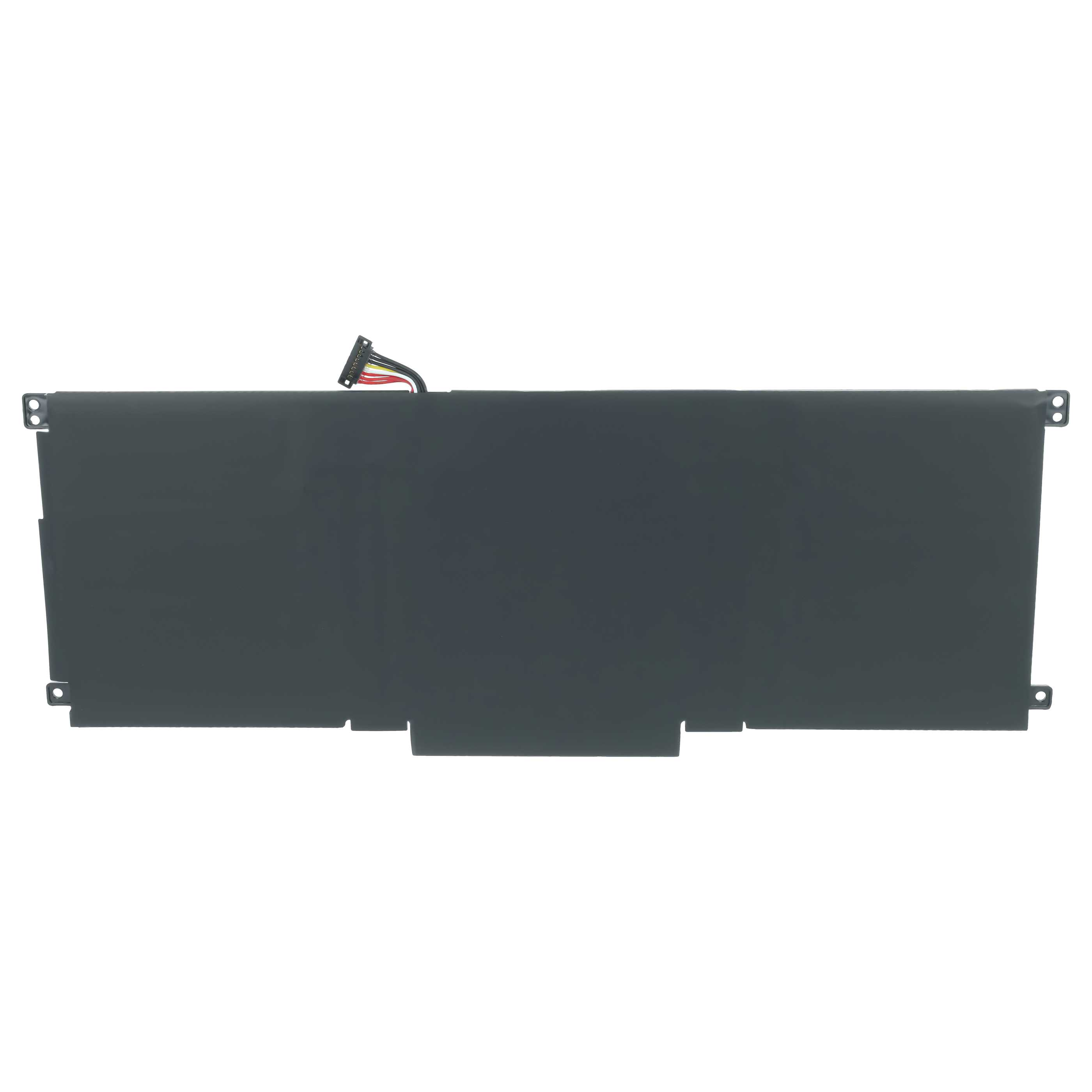 Eine schwarze Laptop-Batterie mit einem kleinen Anschlusskabel und mehreren Befestigungslöchern.