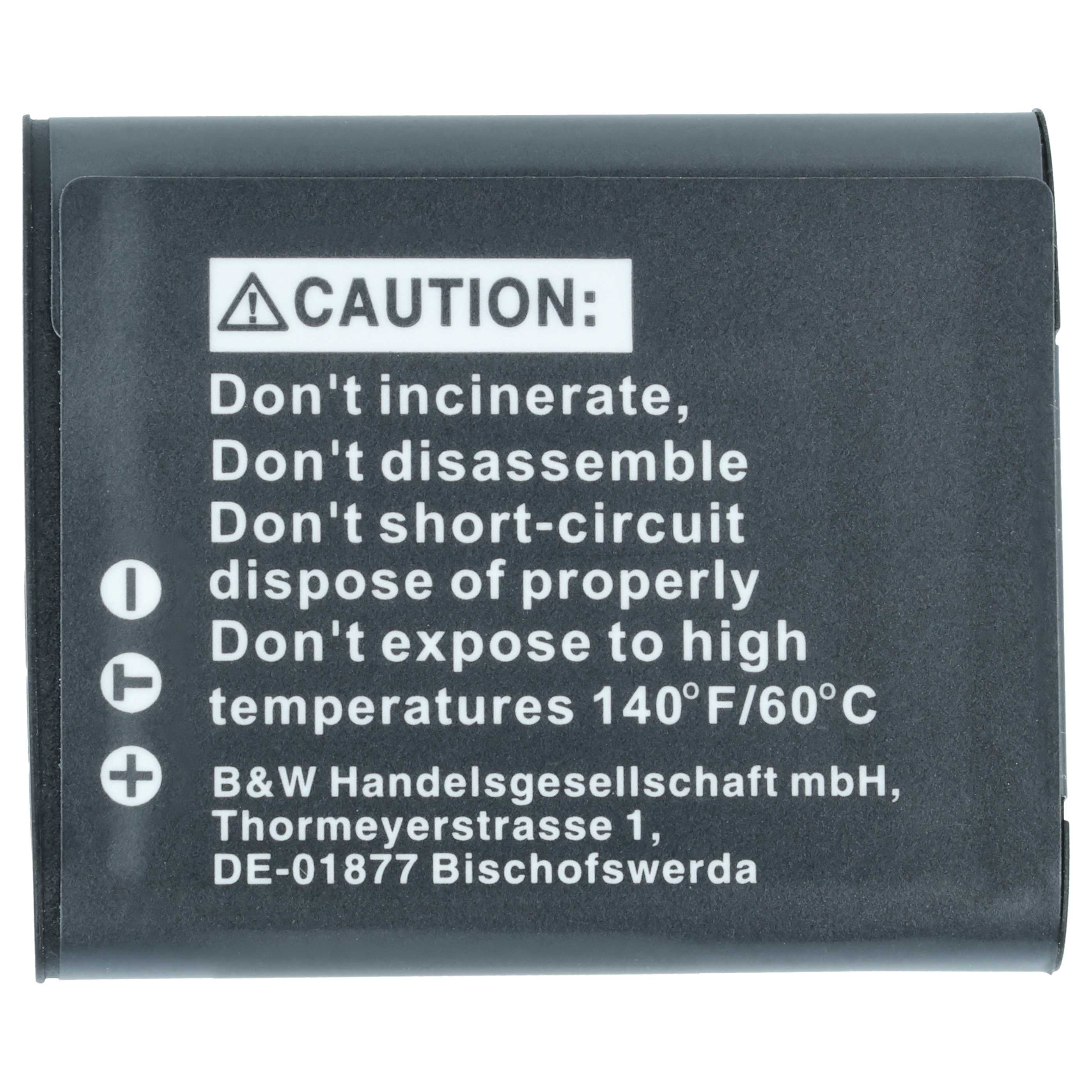 Schwarze Batterie mit Vorsichtshinweisen und Kontaktdetails auf der Rückseite.