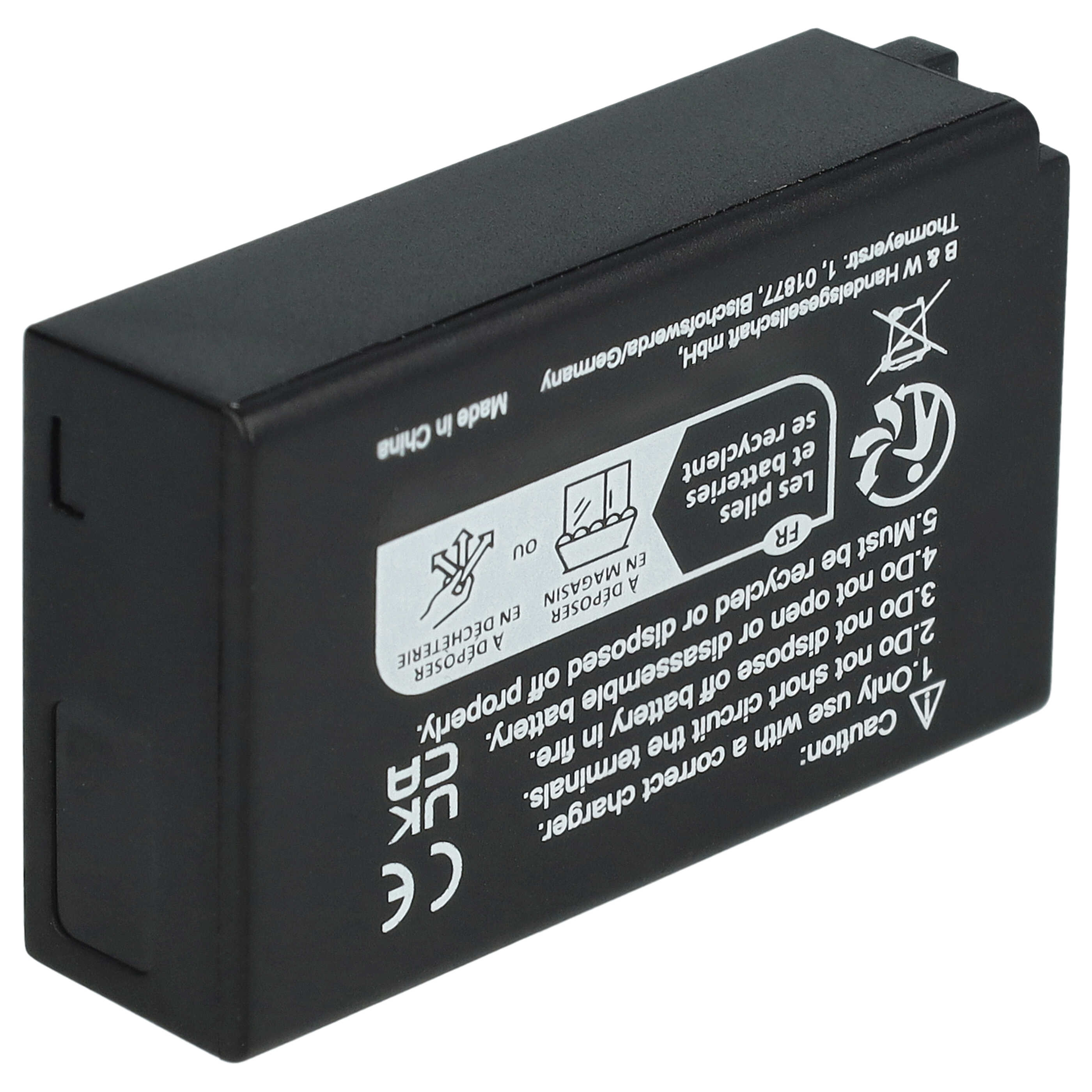 Eine schwarze wiederaufladbare Batterie mit gedruckten Warnhinweisen und Rechenschaftssymbolen.