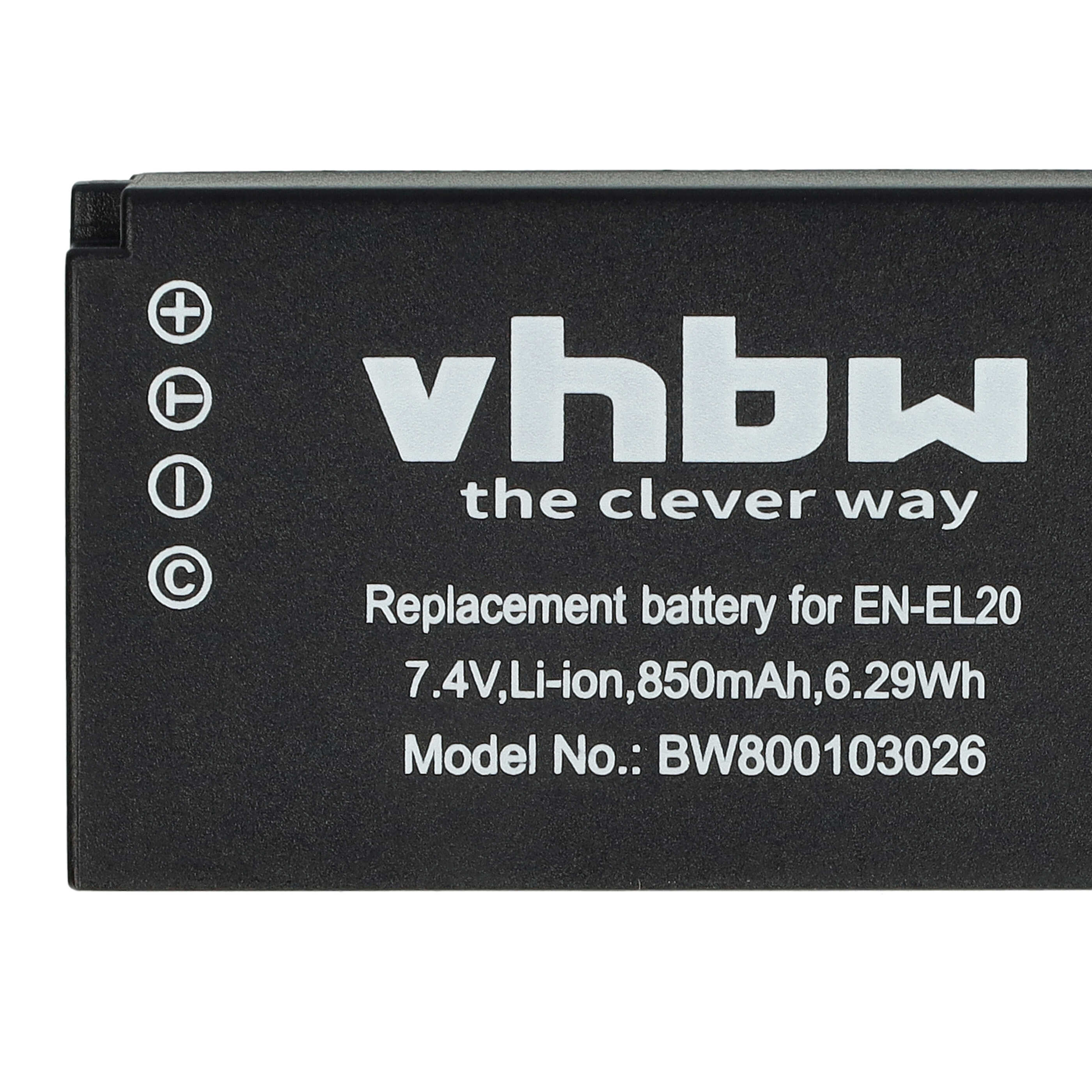 Schwarzer VHBW Akku für EN-EL20 mit technischen Daten und Symbolen.