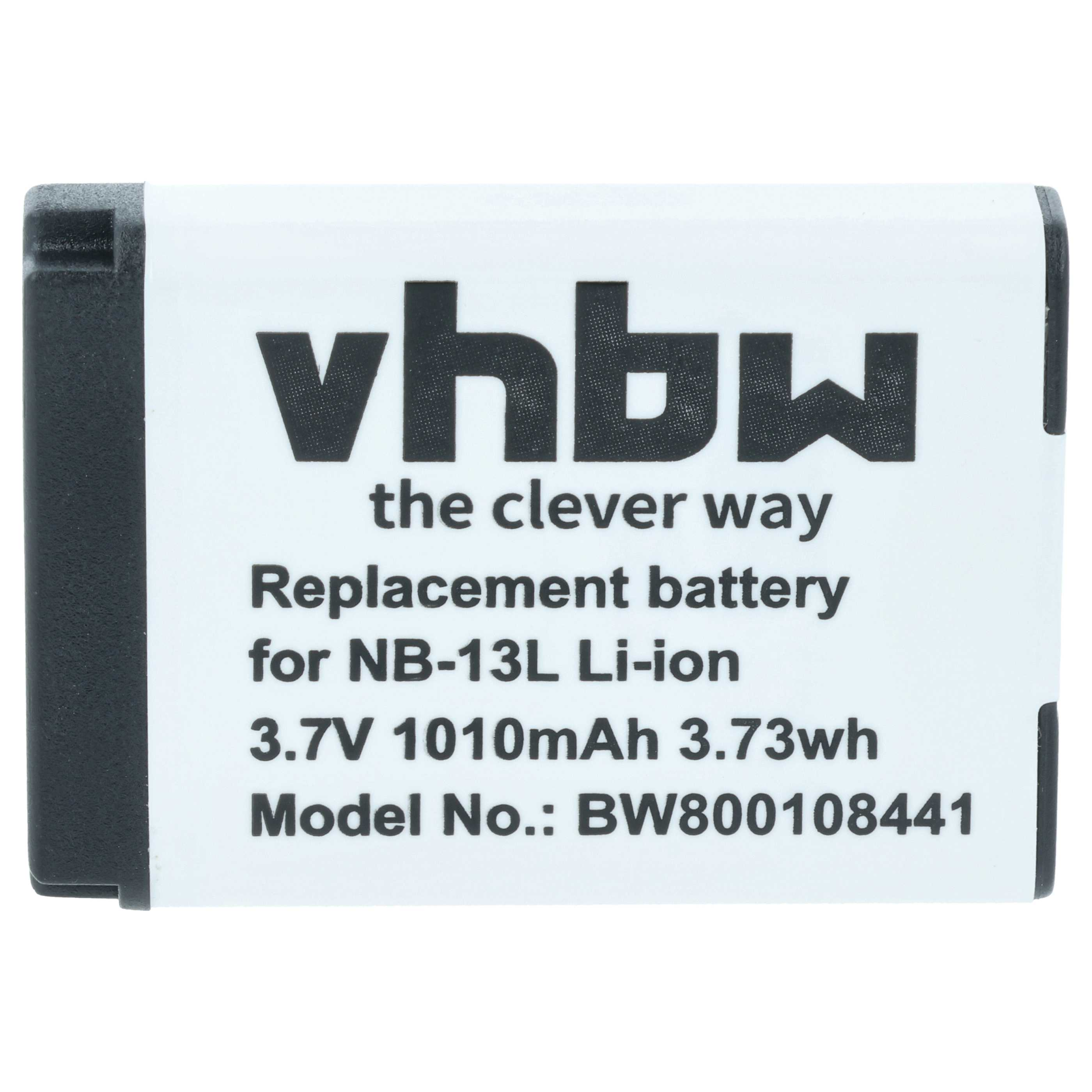 Weiße vhbw Ersatzbatterie für NB-13L, 3.7V, 1010mAh, auf weißem Hintergrund.