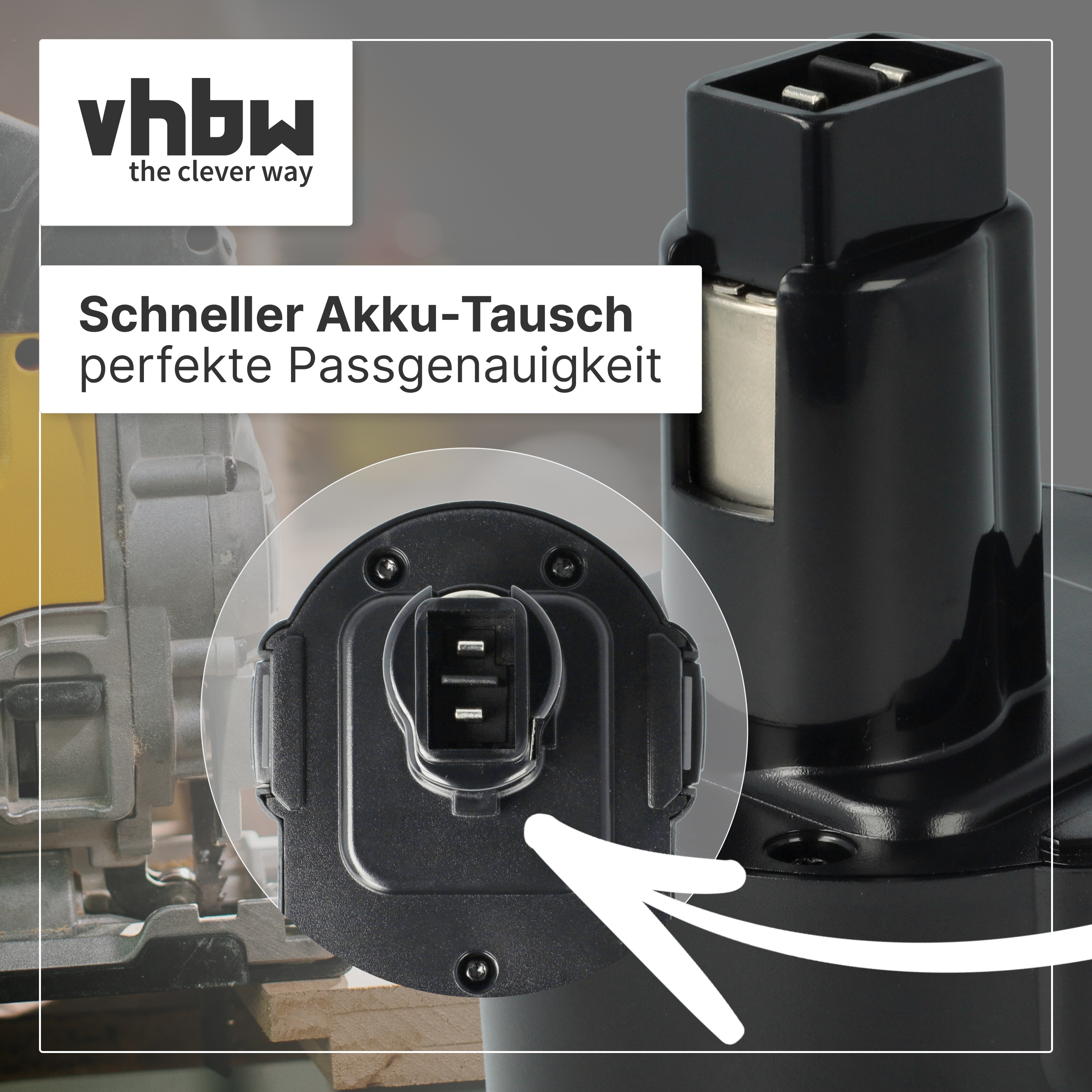 Schwarzer Akku für Werkzeuge mit Nahaufnahme der elektrischen Kontakte und dem vhbw-Logo.