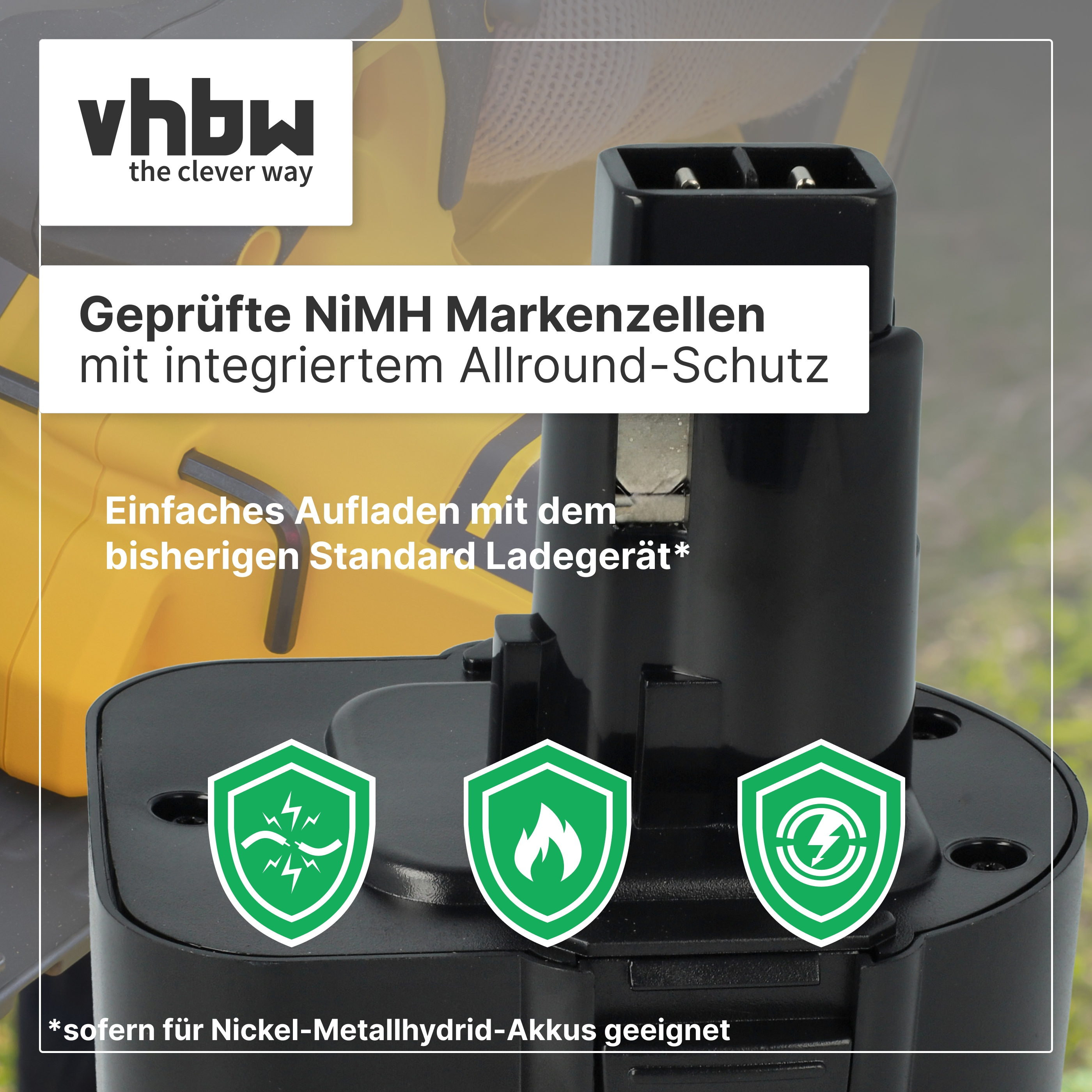 Schwarzer NiMH-Akku mit vhbw-Logo und grünen Schutzschild-Symbolen für Sicherheit.