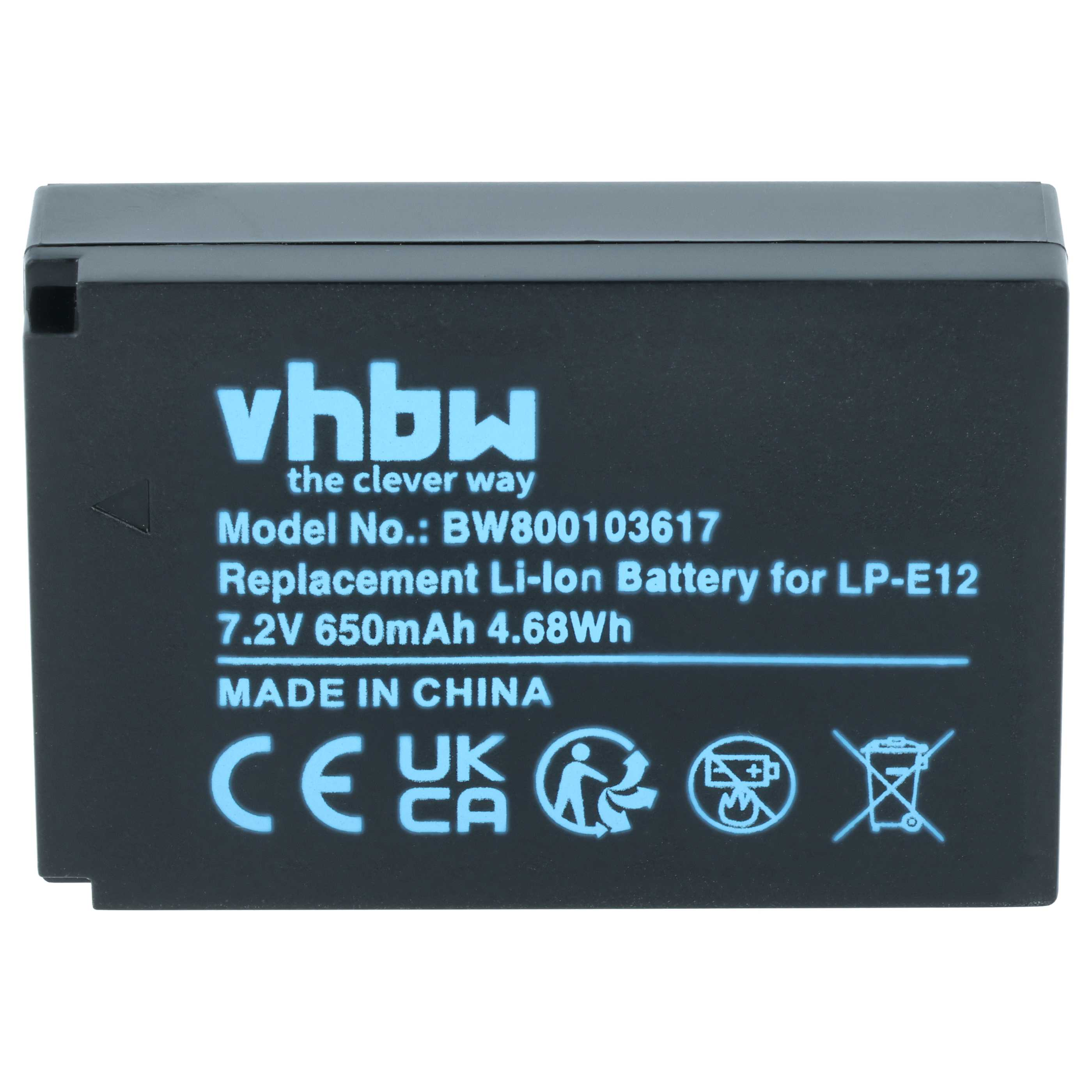 Schwarzer VHBW Li-Ion Akku 7,2V 650mAh für LP-E12 mit Modellnummer und Zertifizierungssymbolen.