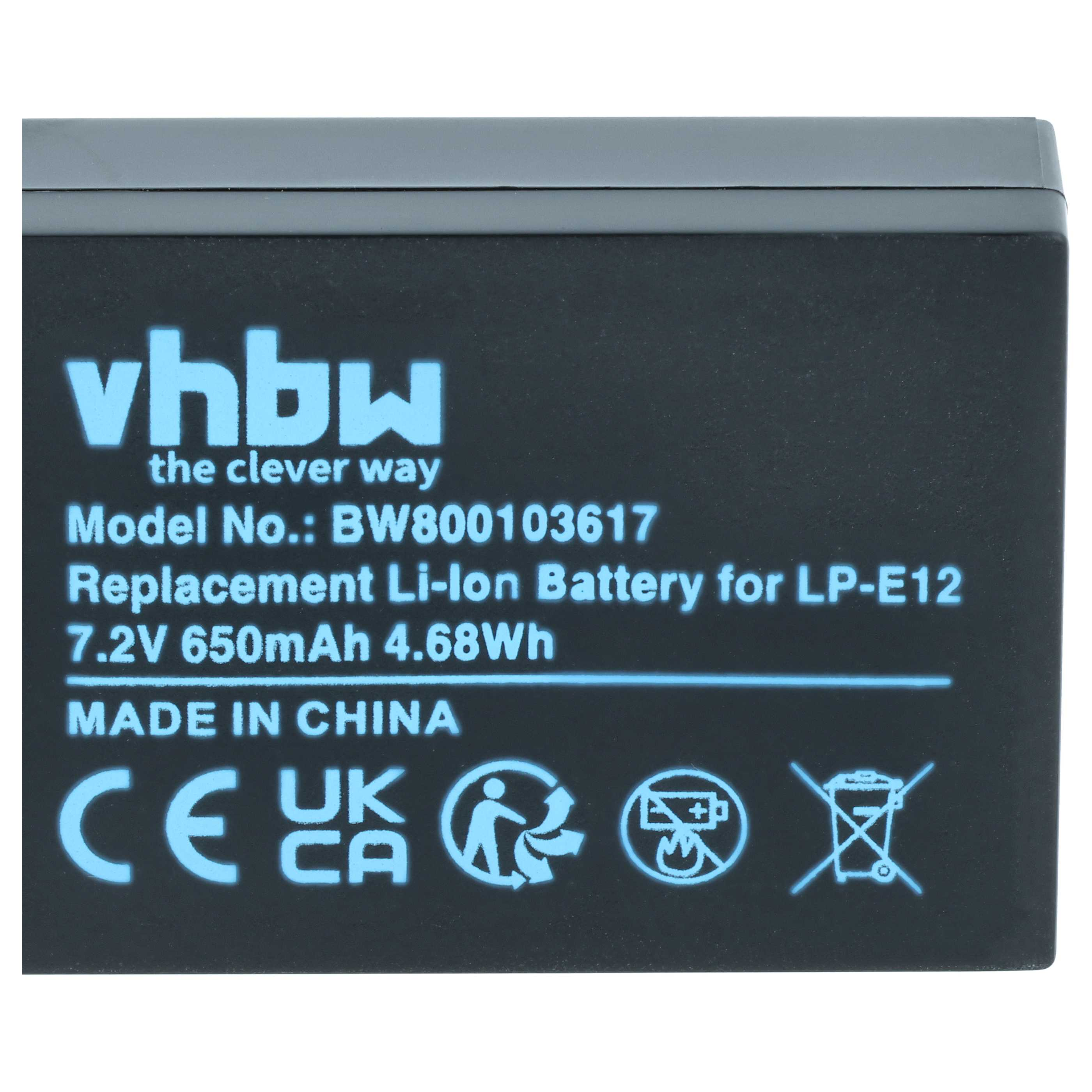 Schwarzer VHBW Li-Ion-Ersatzakku mit blauen Aufschriften für LP-E12, Modell BW800103617.