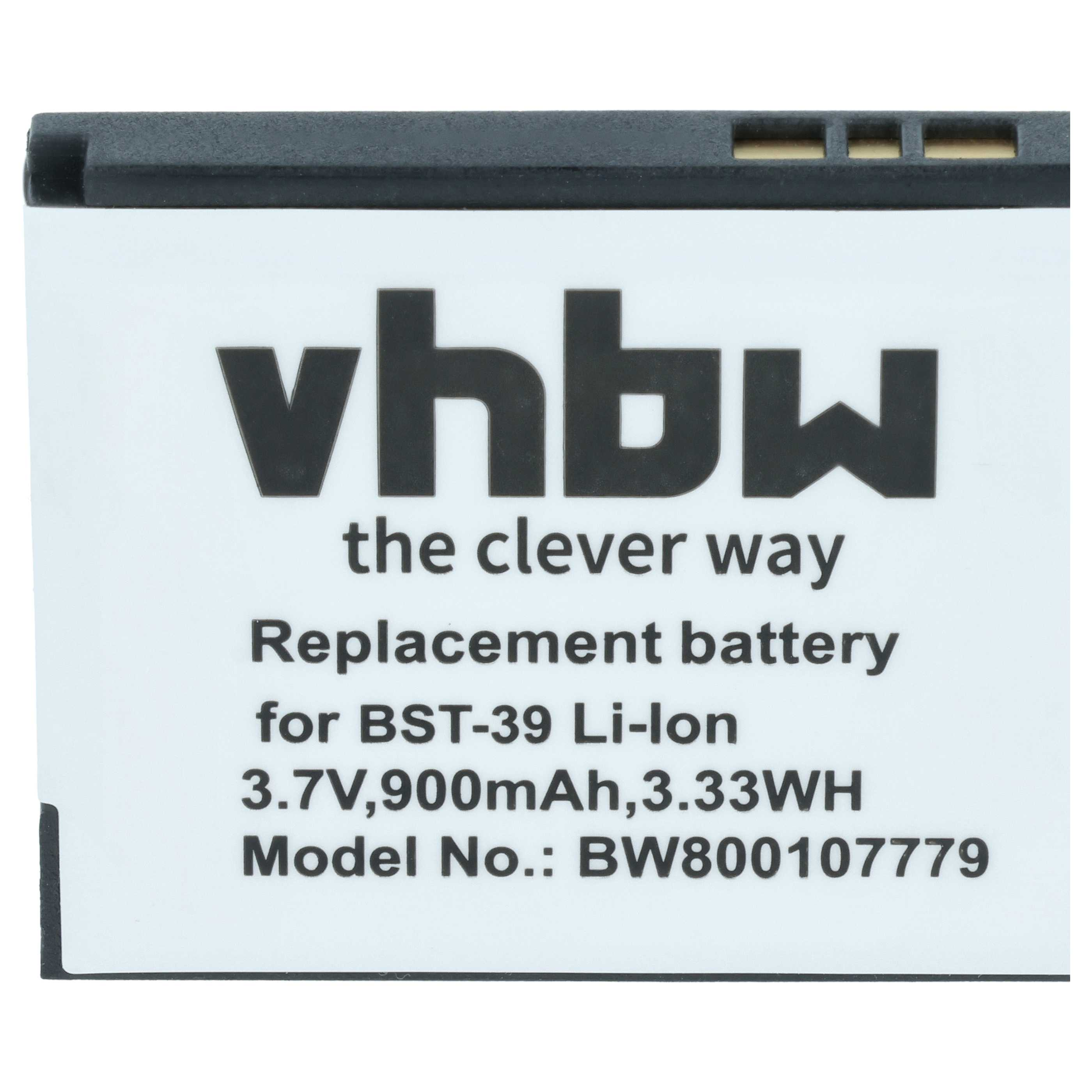 Nahaufnahme einer schwarzen vhbw Ersatzbatterie mit technischen Daten.