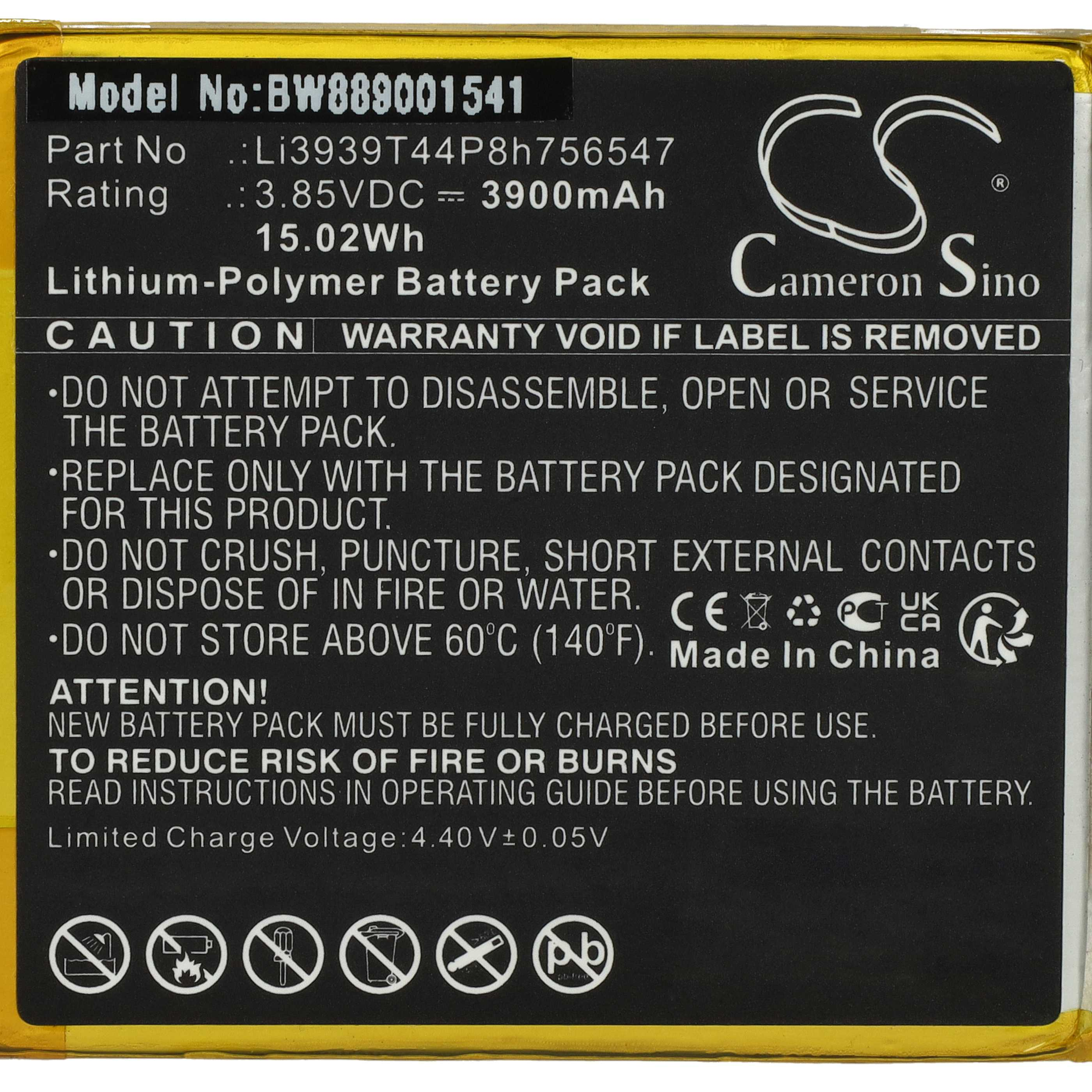 Ein schwarzes Cameron Sino Lithium-Polymer-Akkumulator-Etikett mit weißem Text und Warnsymbolen.