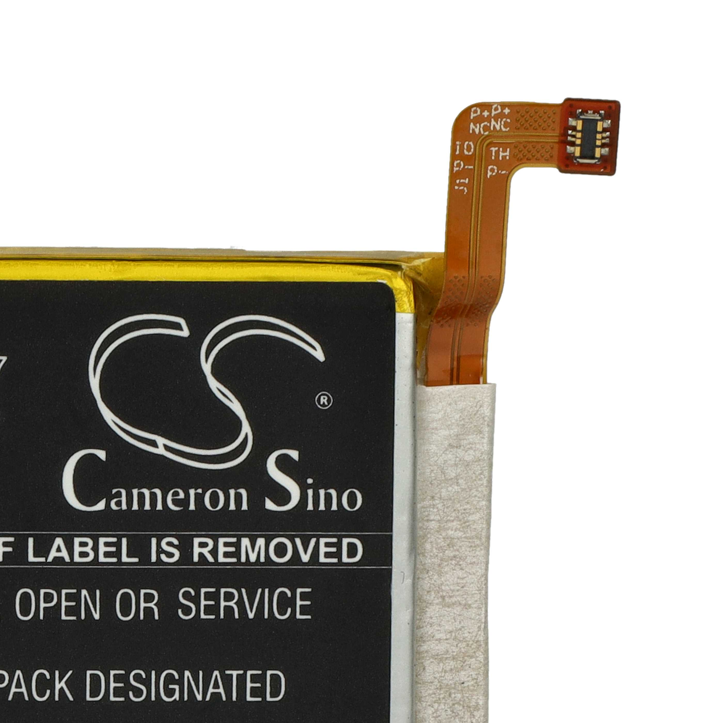 Nahaufnahme einer Cameron Sino-Batterie mit angeschlossenem braunen Flachbandkabel.