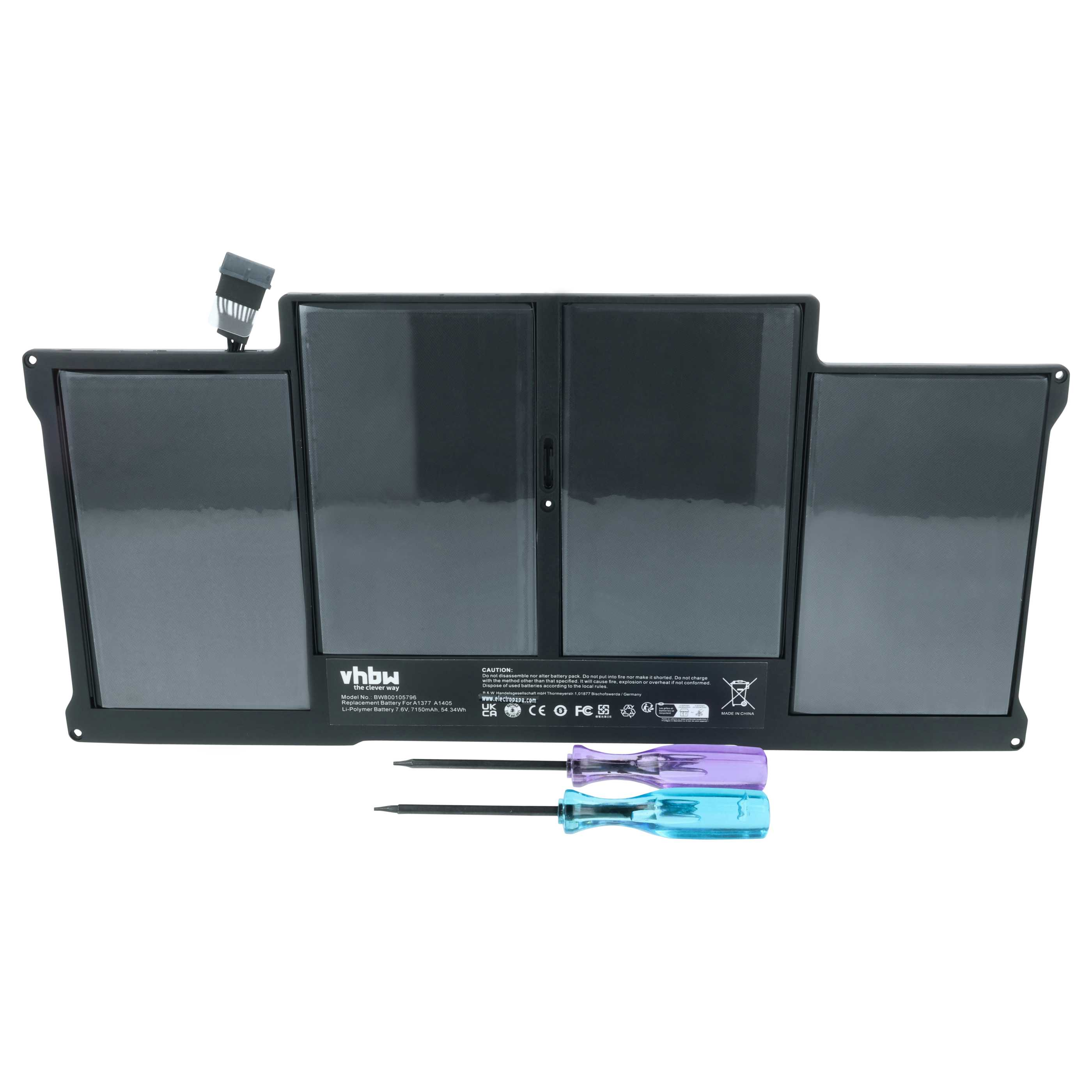 Ein schwarzer Laptop-Akku mit vhbw-Logo und zwei kleinen Schraubenziehern in Lila und Blau.