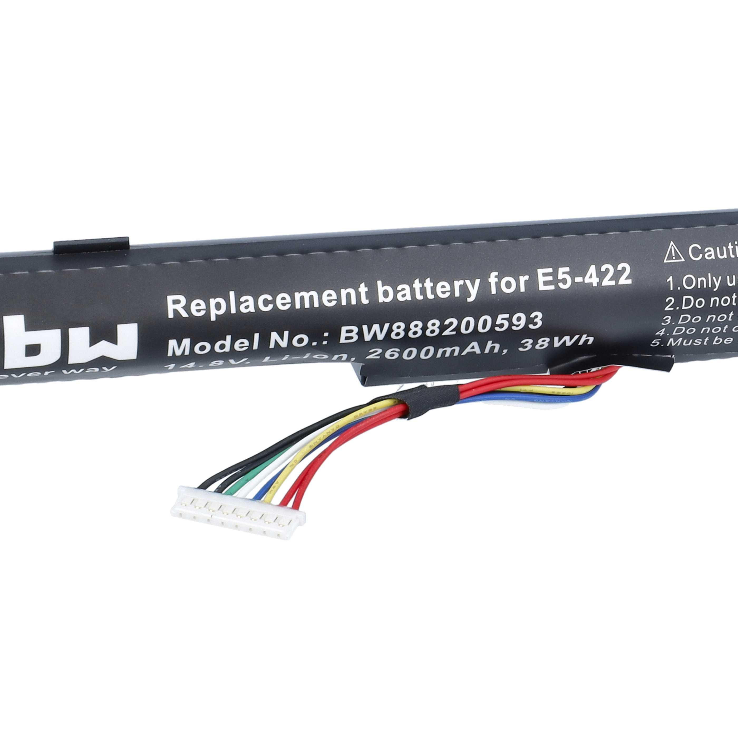 Schwarze Ersatzbatterie für E5-422 mit bunten Kabeln und weißem Stecker.