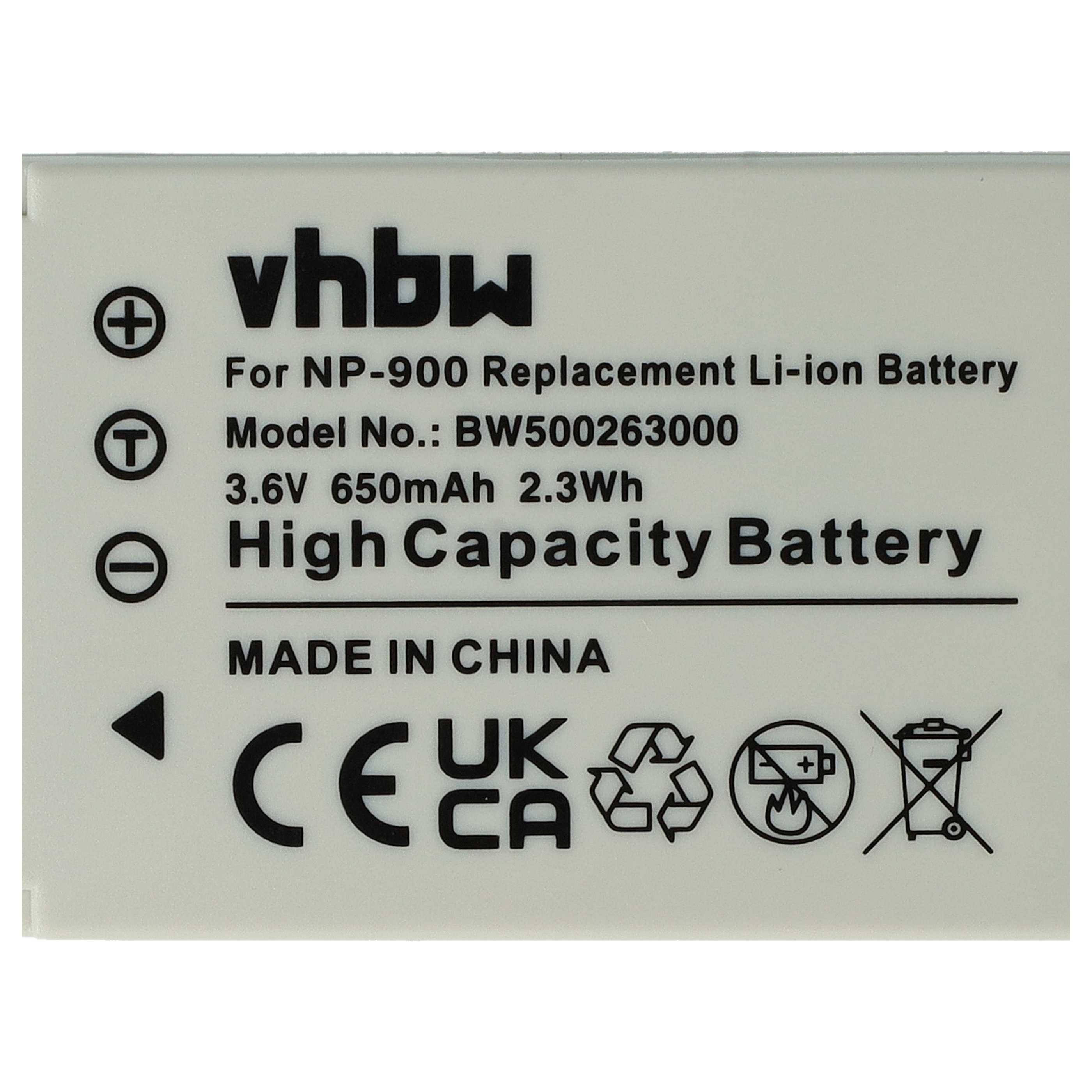 Weiße vhbw Ersatz-Li-Ionen-Akku mit technischen Daten, Zertifizierungssymbolen und Aufdruck Made in China.
