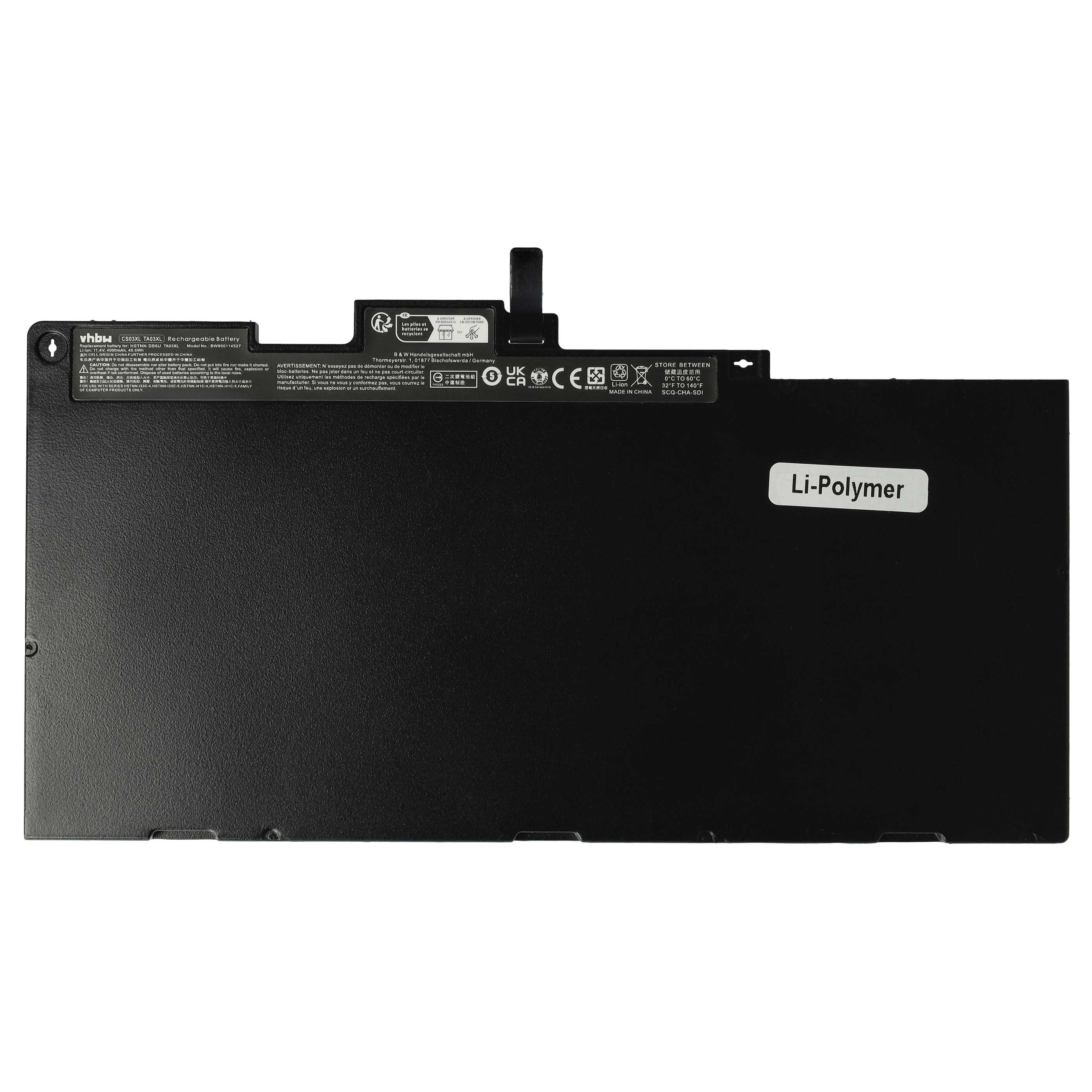 Schwarzer Ersatz-Laptop-Akku mit gedruckten Sicherheitshinweisen und 'Li-Polymer'-Etikett auf weißem Hintergrund.
