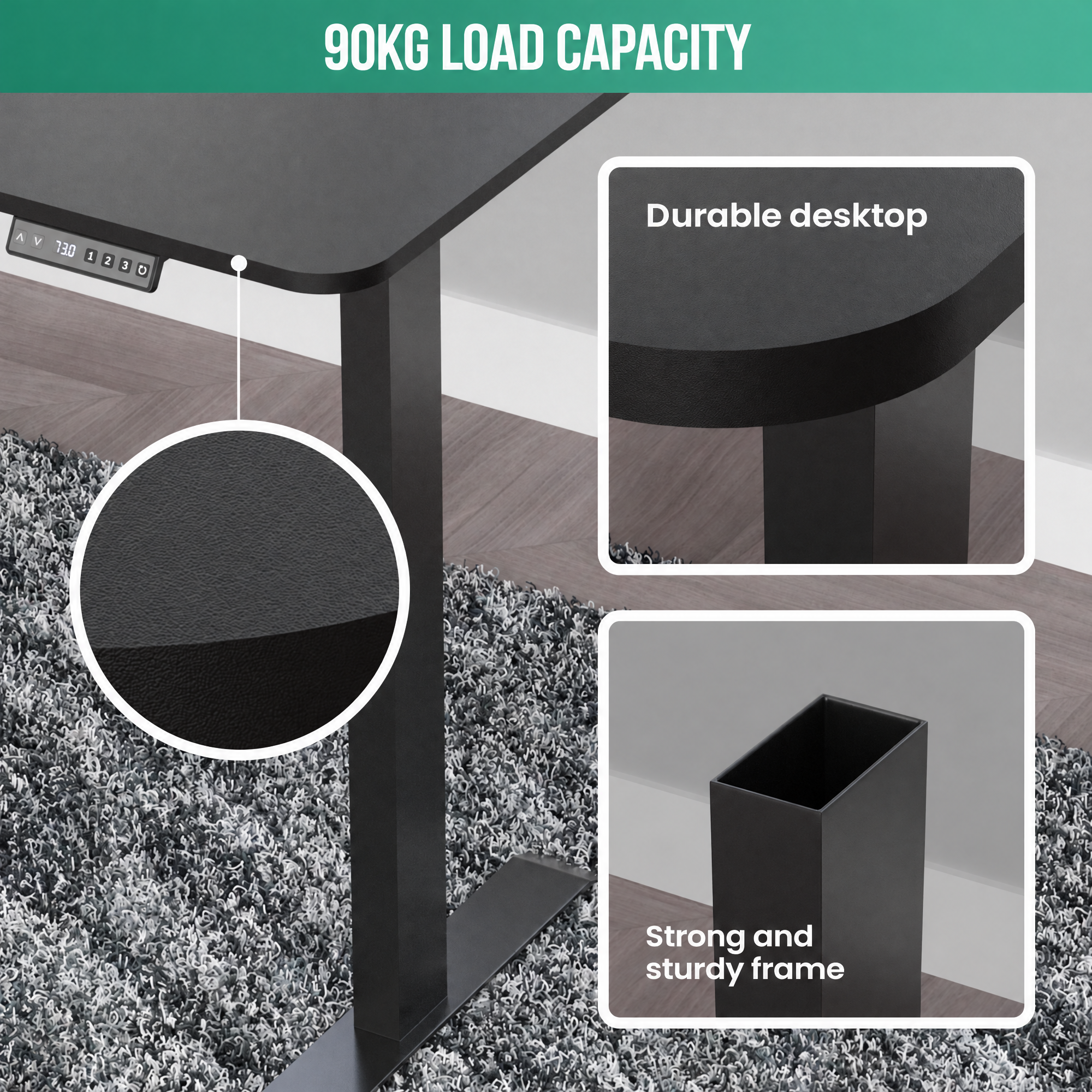 A black standing desk highlighting its durable desktop, strong frame, and 90kg load capacity on a patterned rug.