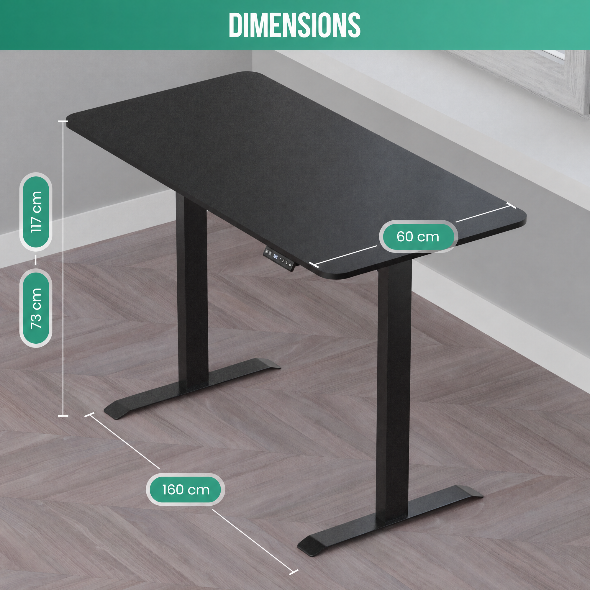 Black adjustable standing desk with dimensions 160x60 cm and height from 73 to 117 cm on a wooden floor.