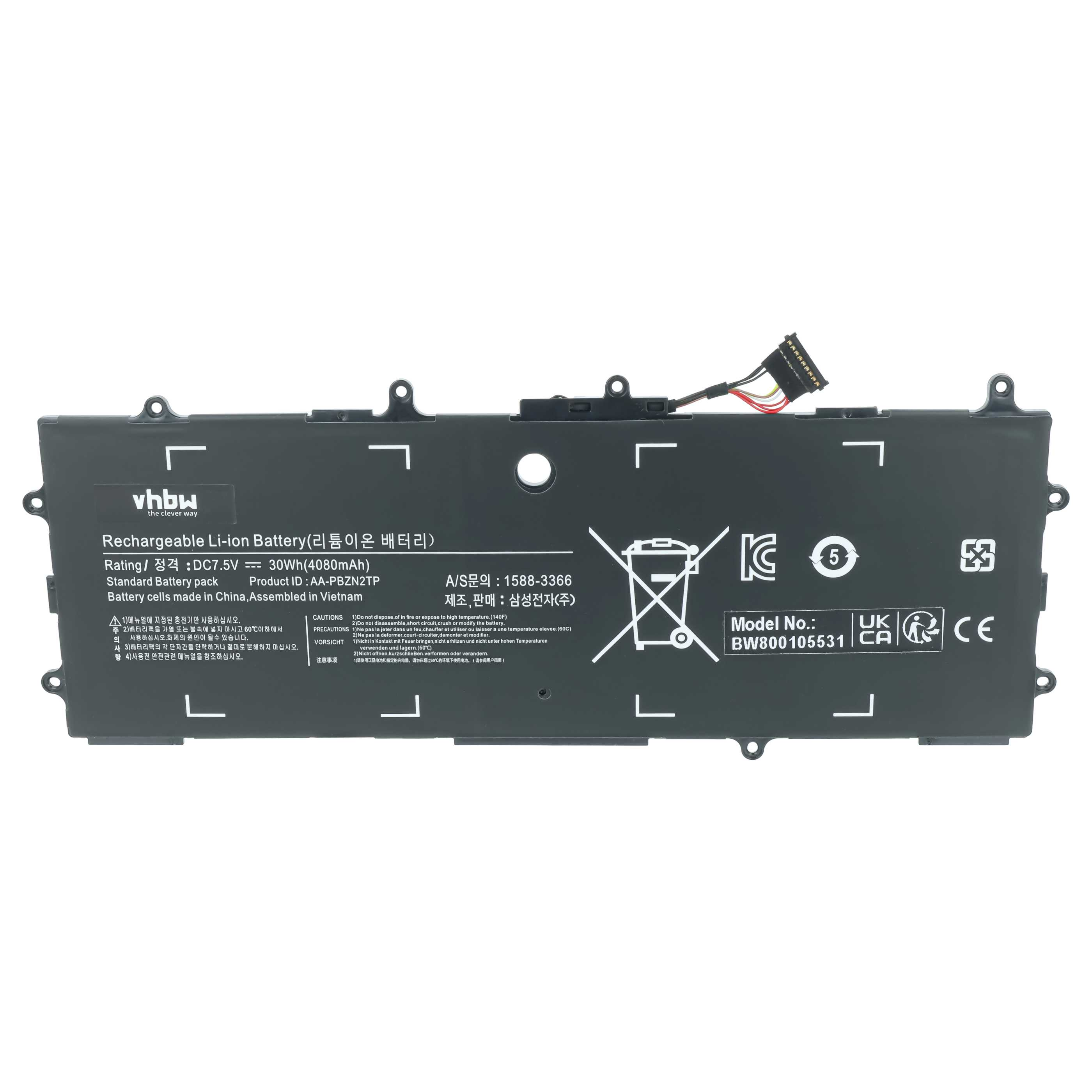 Schwarzer Lithium-Ionen-Akku mit weißer Beschriftung, Warnsymbolen und einem kleinen Kabel mit Stecker oben.