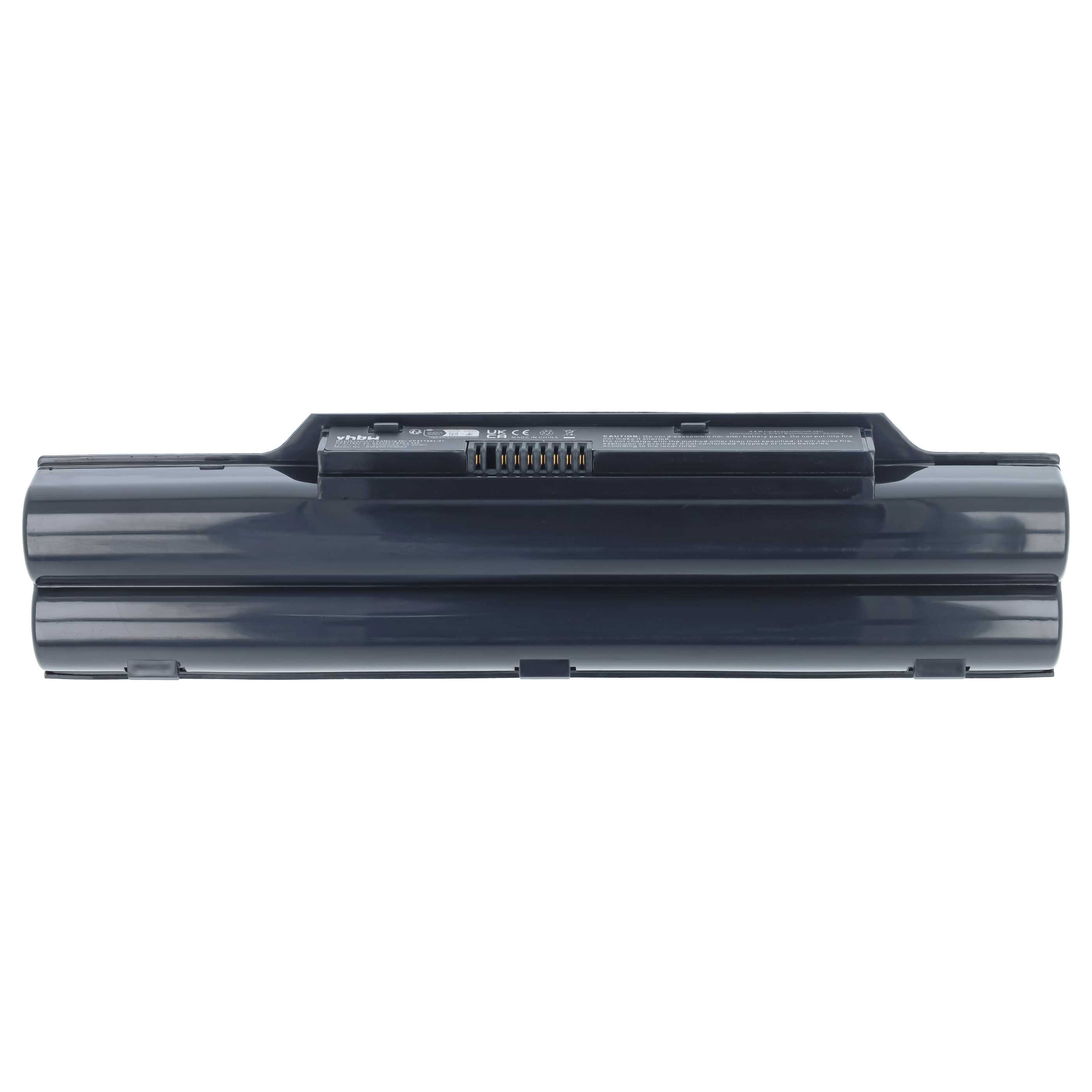 Eine graue Laptop-Batterie mit sichtbaren Kontakten und CE-Zeichen vor weißem Hintergrund.