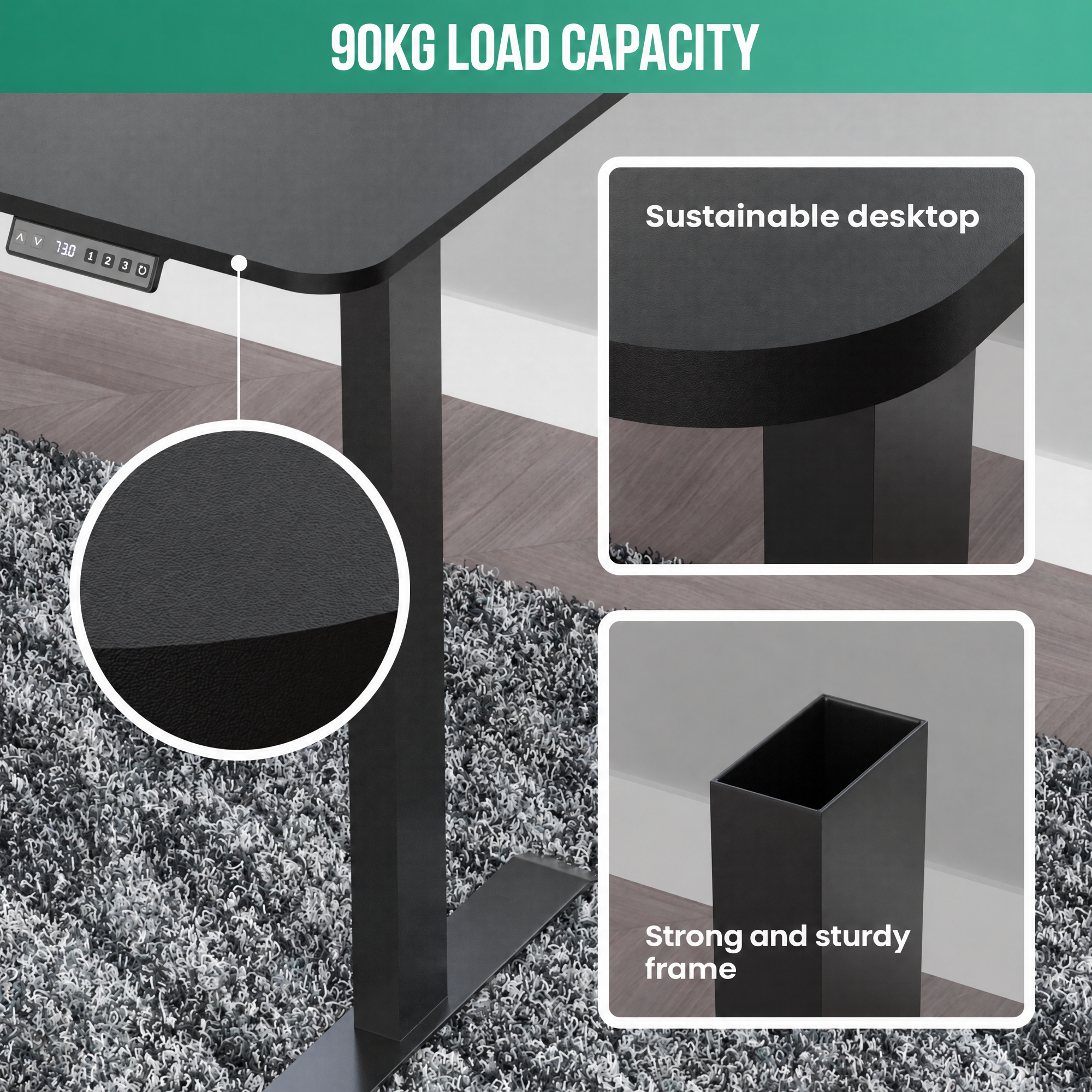A black desk featuring a 90kg load capacity, sustainable desktop, and sturdy frame.