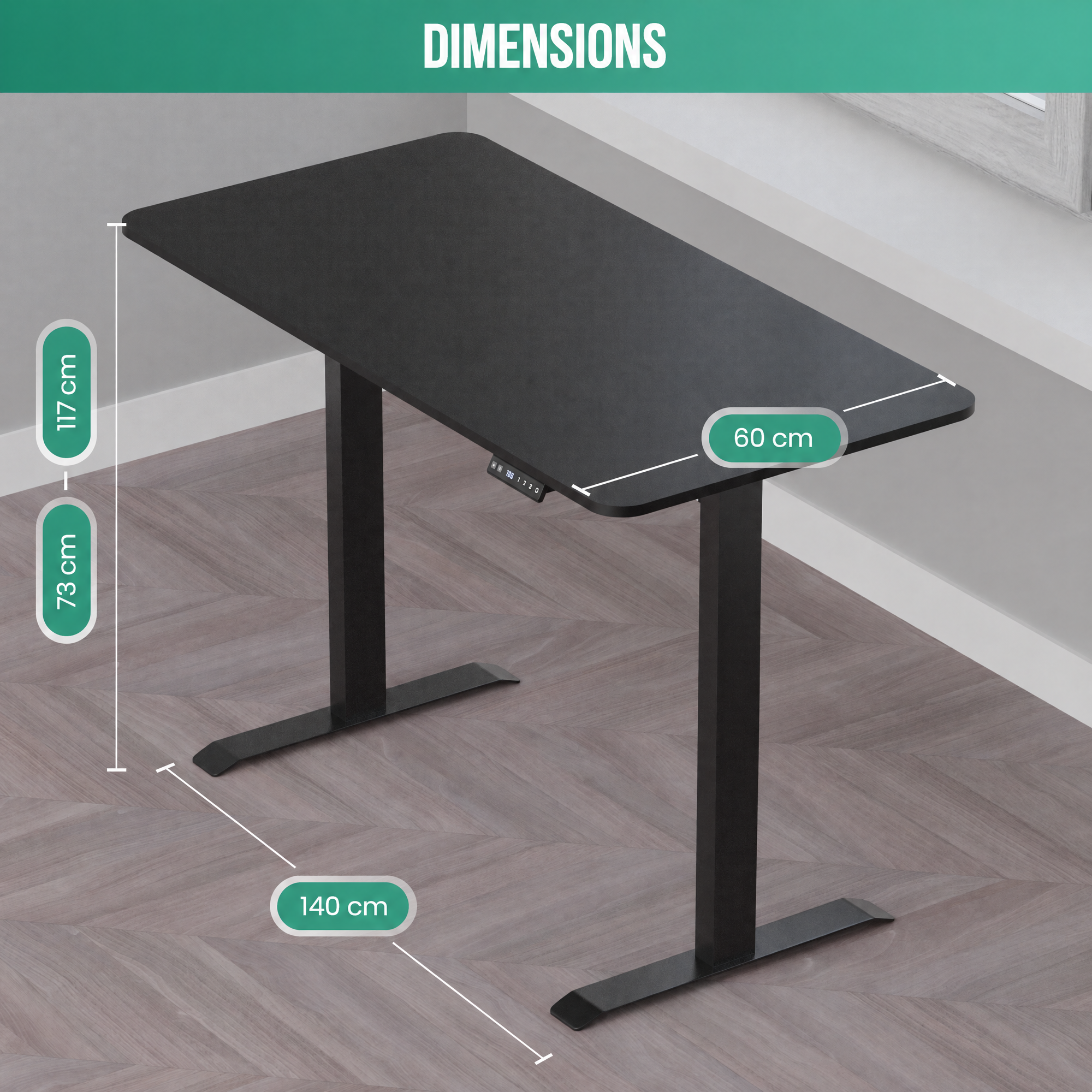 A black electric standing desk with dimensions of 140x60 cm and an adjustable height of 73 to 117 cm.