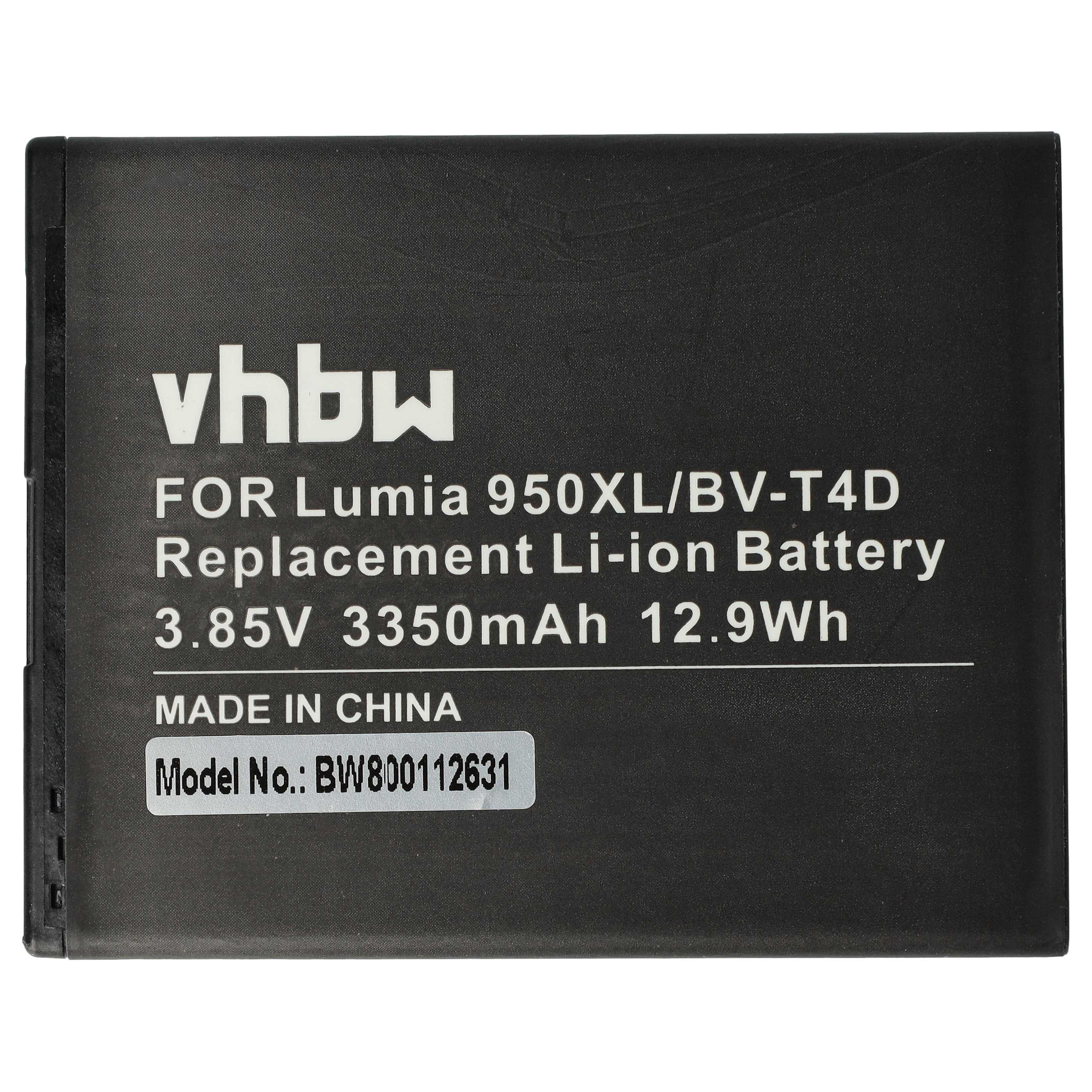 Ein schwarzer vhbw Ersatz-Li-Ionen-Akku für Lumia 950XL mit weißem Text und Modellnummer.