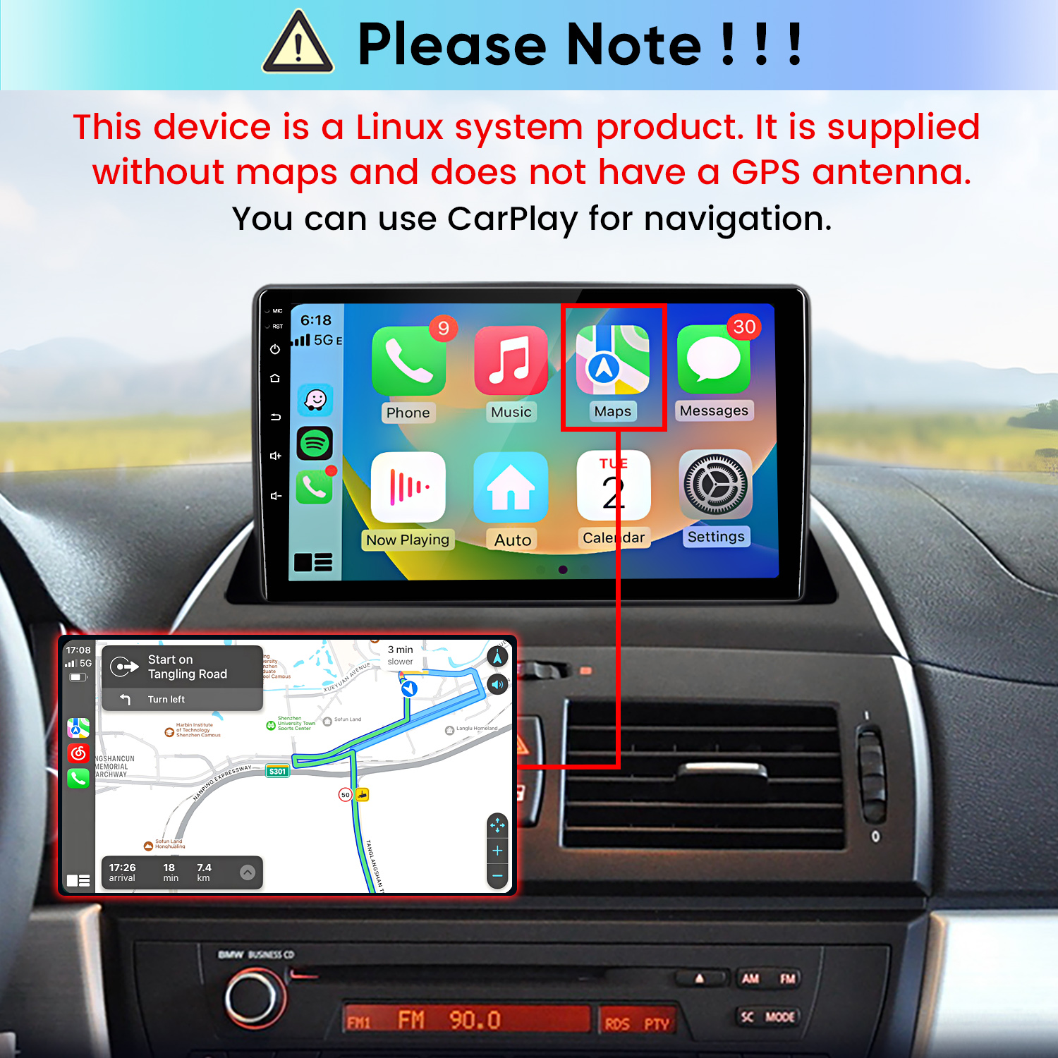 Linux autórádió CarPlay menüvel és GPS-antenna hiányára utaló üzenettel.