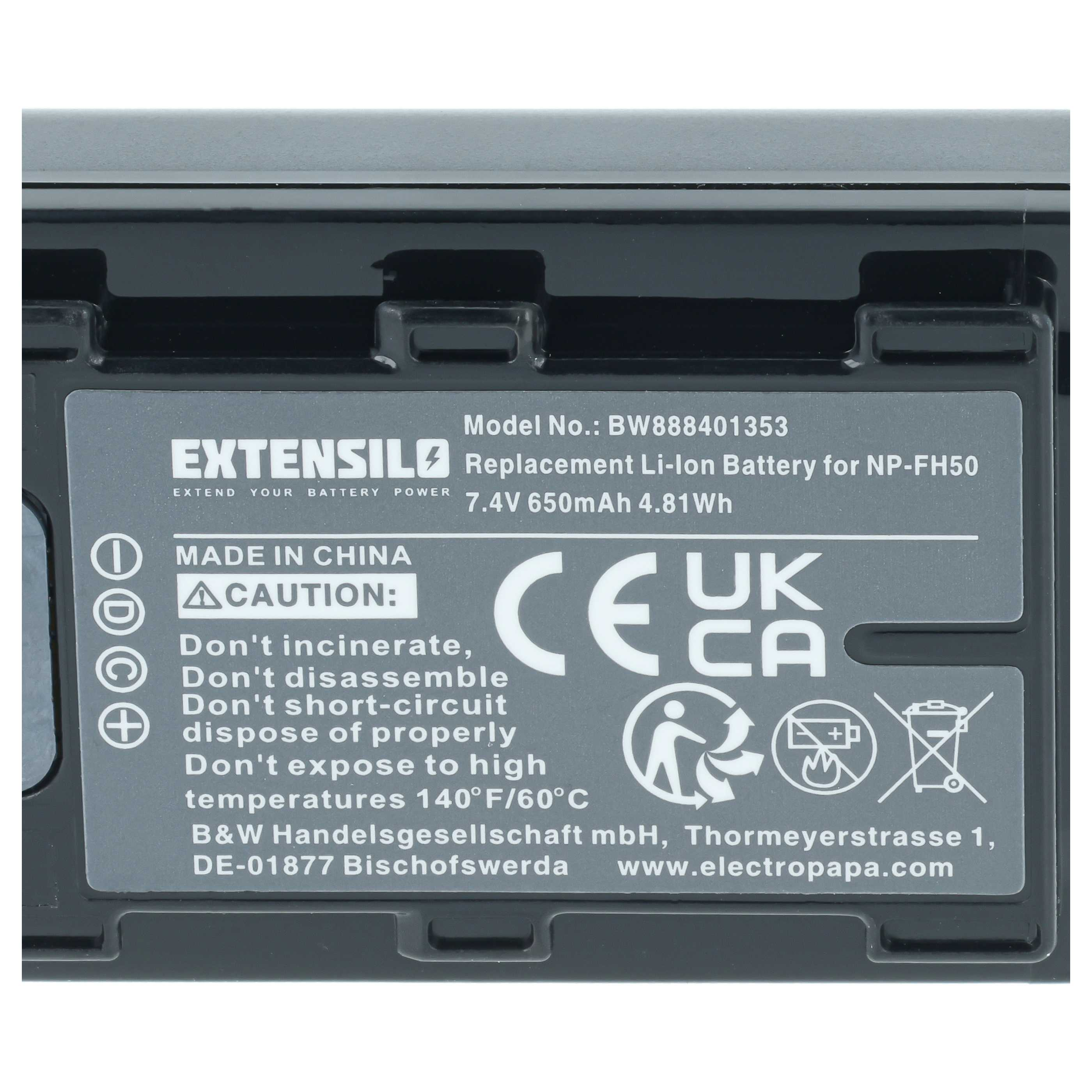 Aufkleber auf einer schwarzen Extensilo Li-Ionen-Batterie mit technischen Daten und CE-Kennzeichnung.