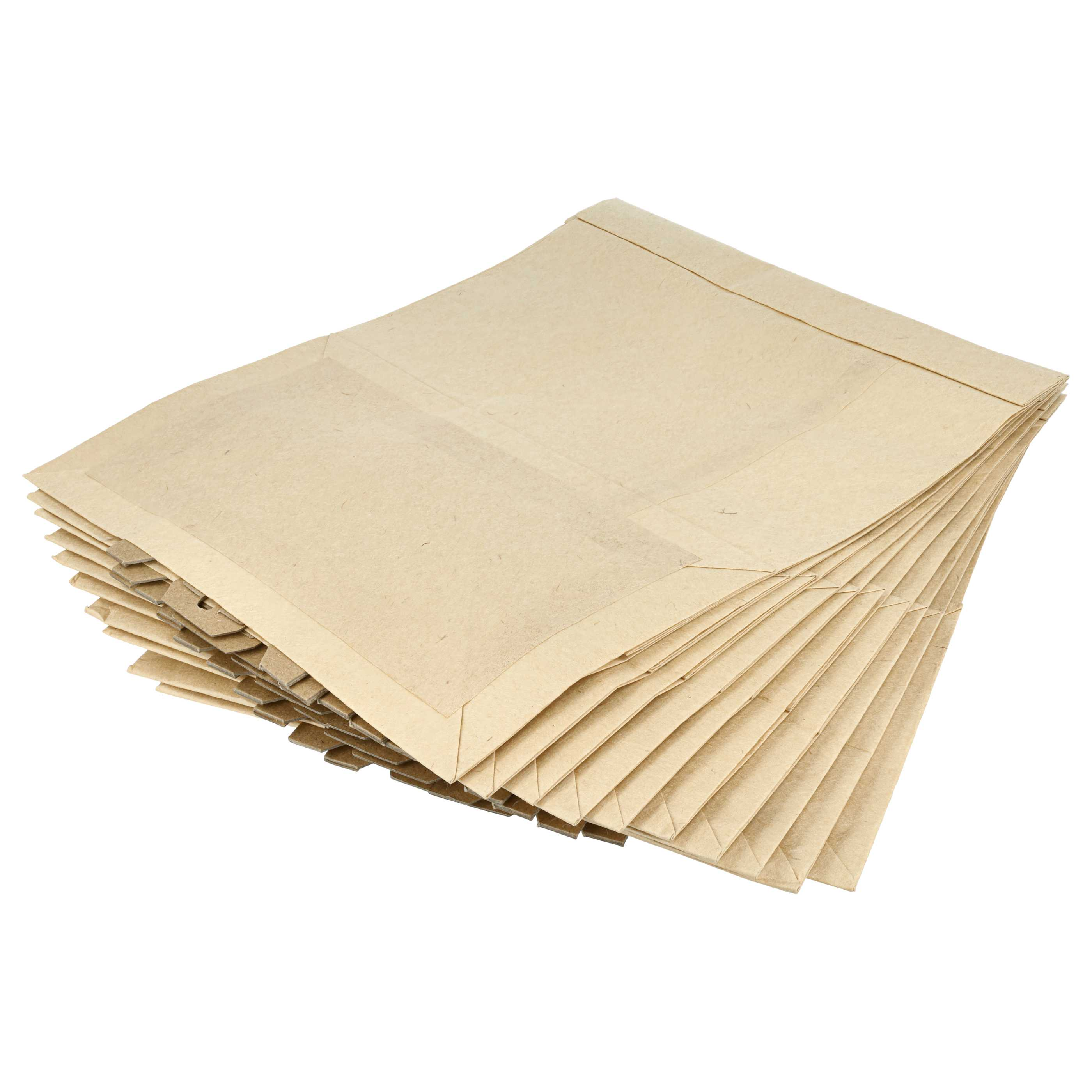 Ein ordentlicher Stapel brauner Kraftpapier-Versandtaschen auf weißem Hintergrund.
