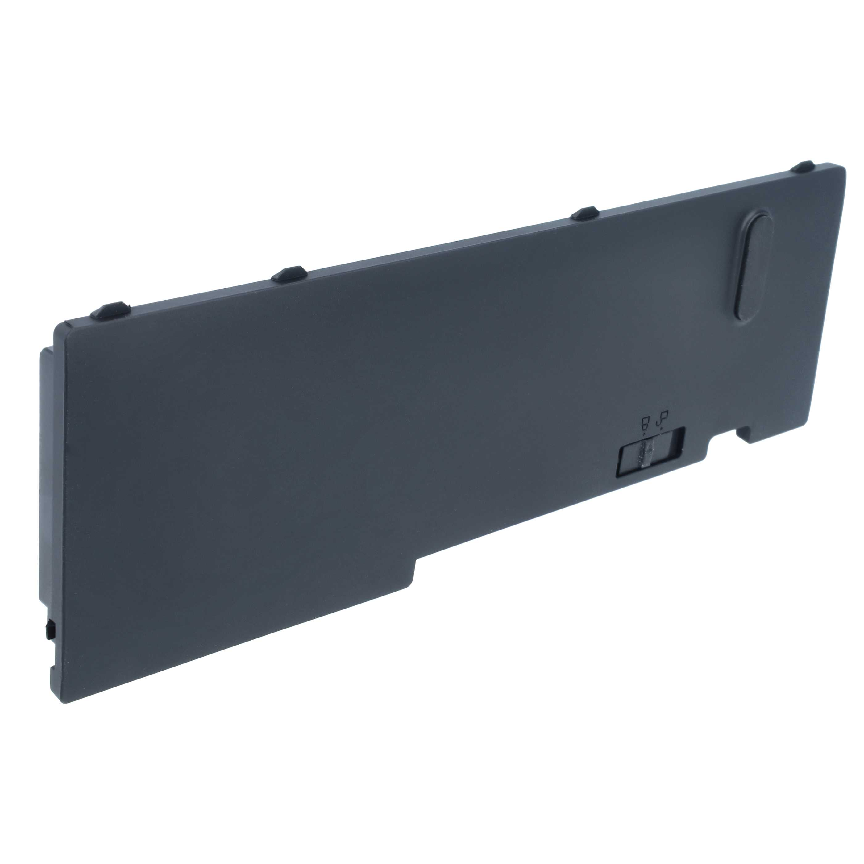 Eine schwarze Plastik-Batterieabdeckung mit kleinen Clips und einem Entriegelungsschalter.