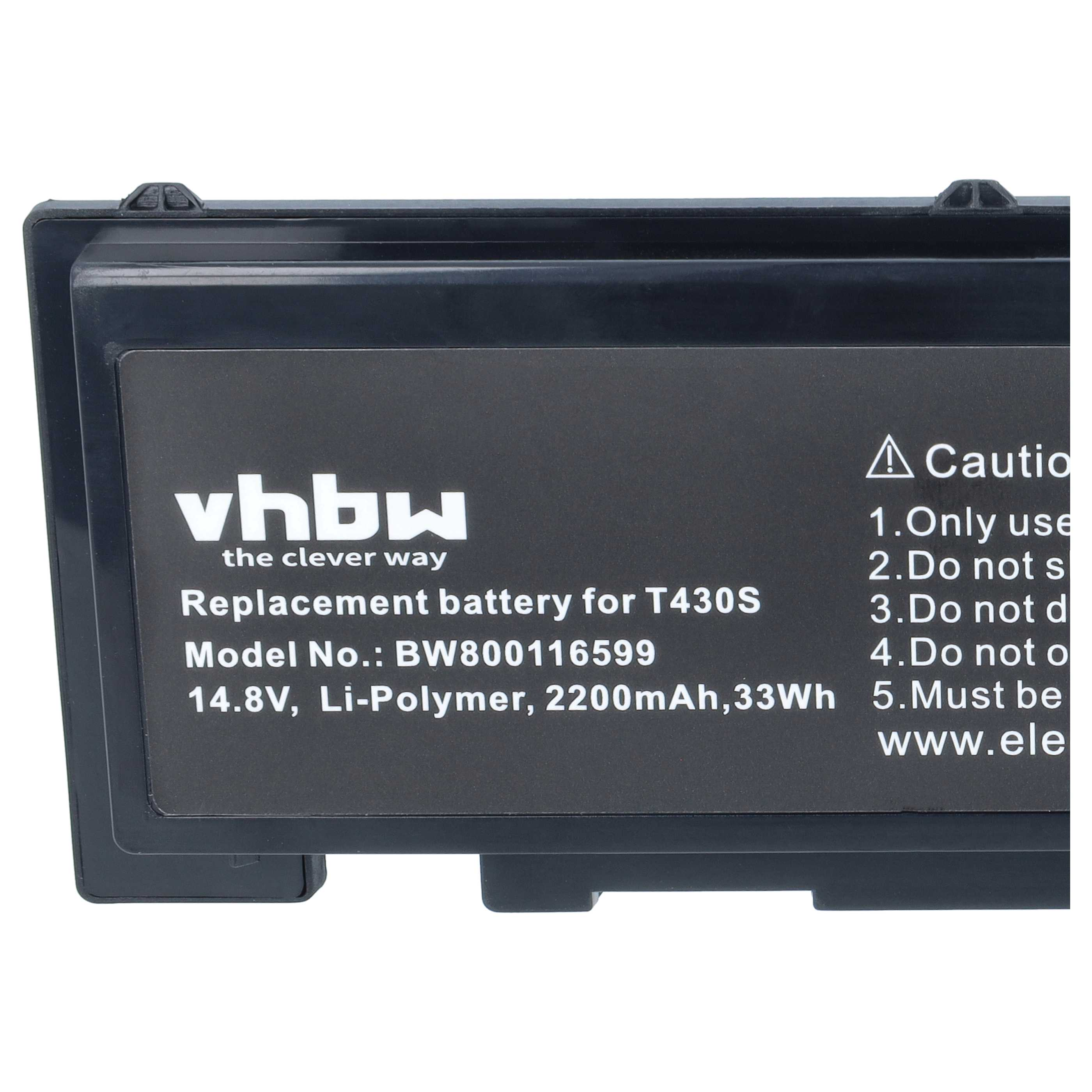Label auf einer schwarzen VHBW T430S Ersatzbatterie mit technischen Daten.