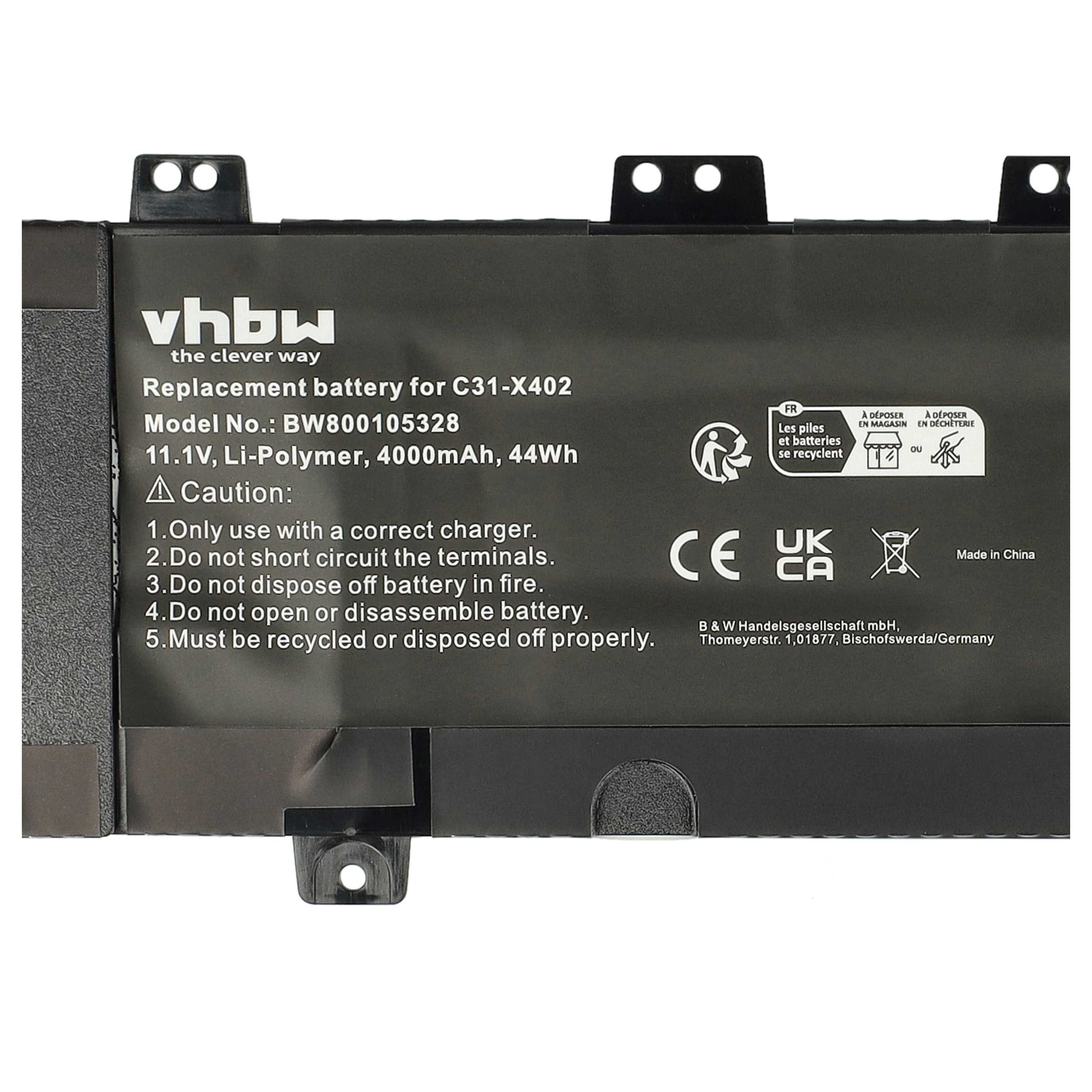 Schwarzer VHBW-Ersatzakku mit Modellnummer BW800105328, technischen Daten und Sicherheitshinweisen.