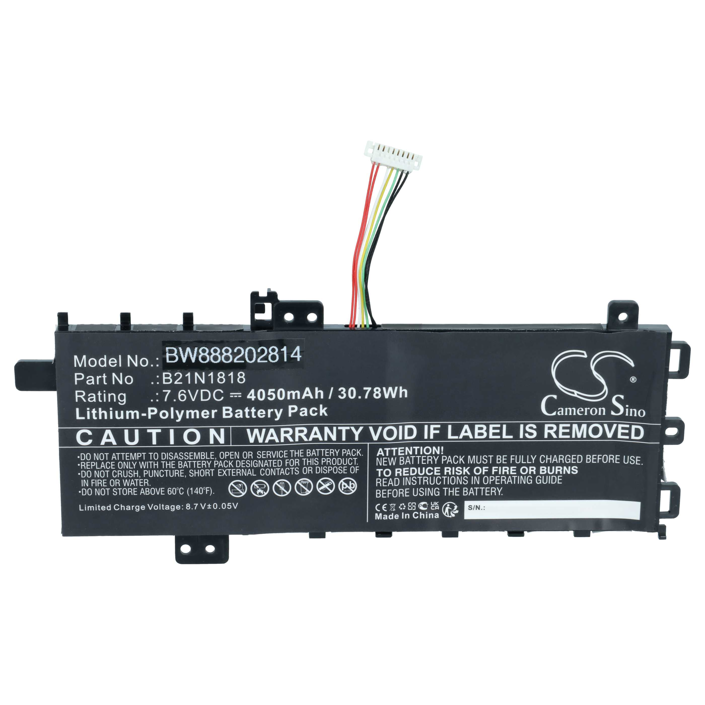 Schwarzer Lithium-Polymer-Akku mit gedruckten technischen Daten und einem bunten Steckerkabel.