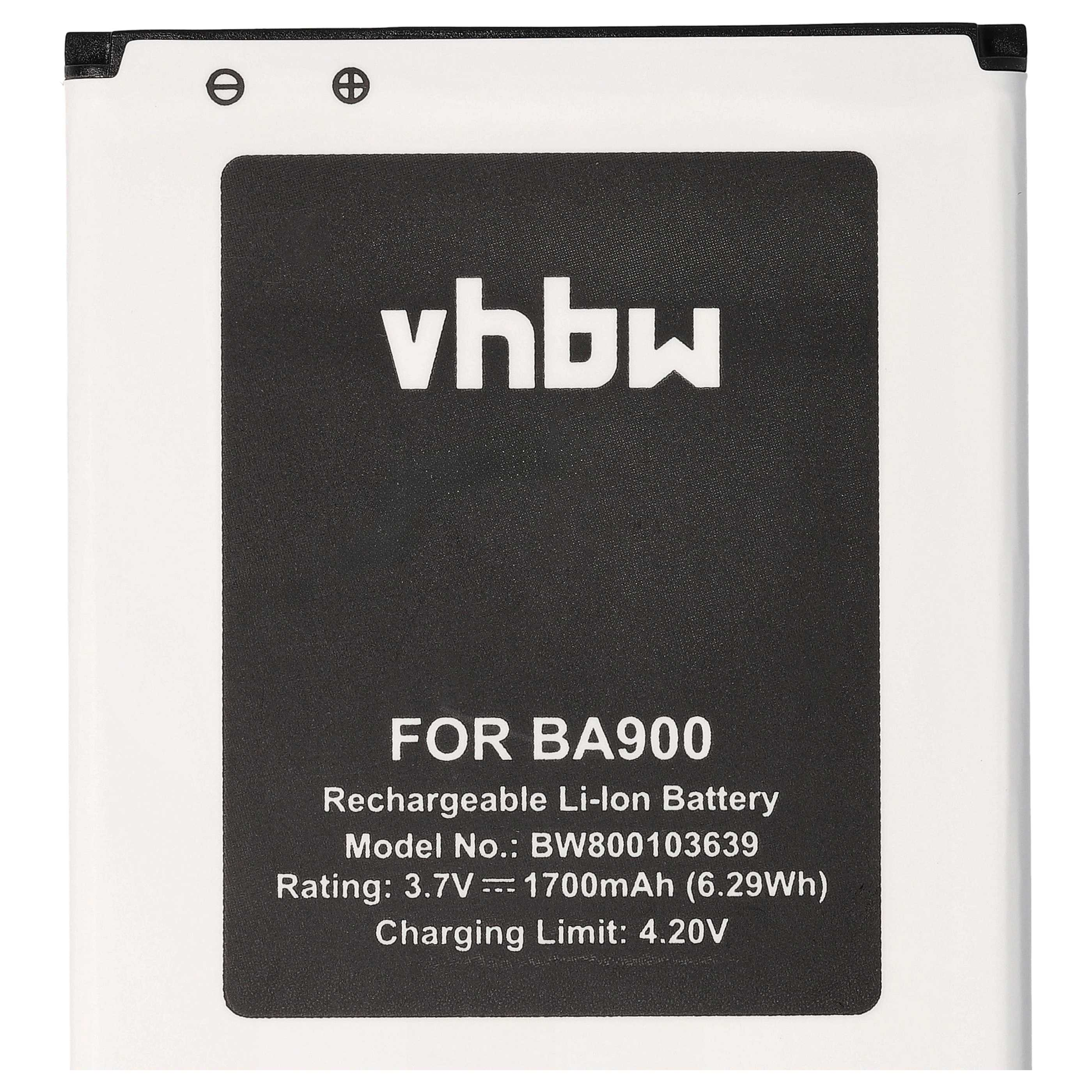 Weiß-schwarzer Lithium-Ionen-Akku mit Aufschrift vhbw FOR BA900 und technischen Daten.