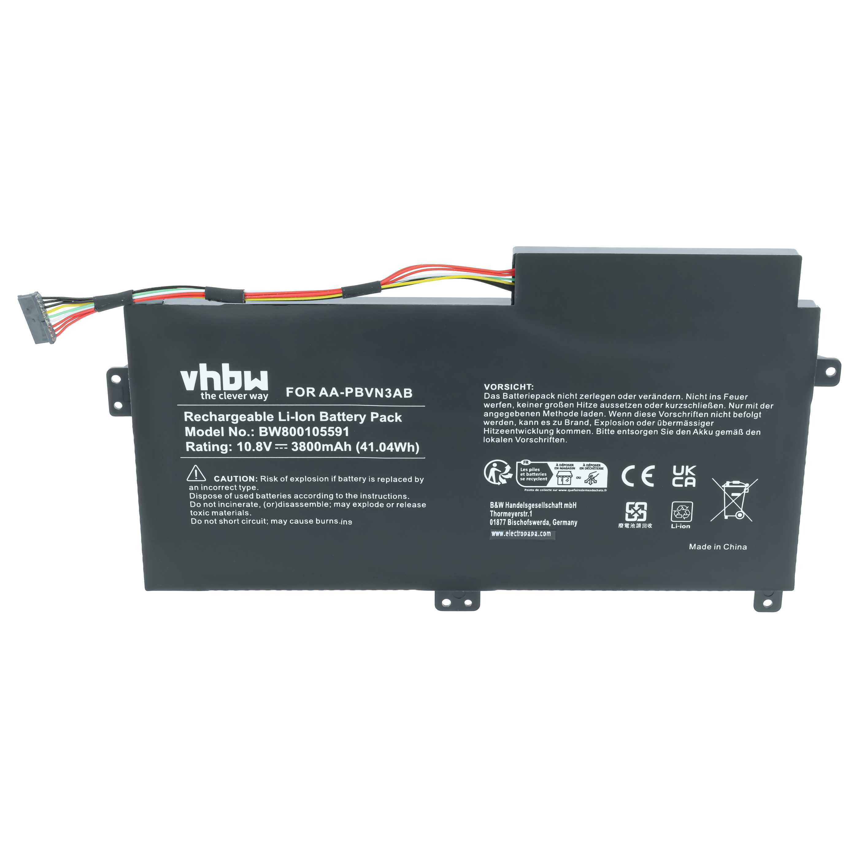 Ein schwarzer vhbw Li-Ion Akku mit Warnhinweisen, technischen Daten und bunten Kabeln auf weißem Hintergrund.