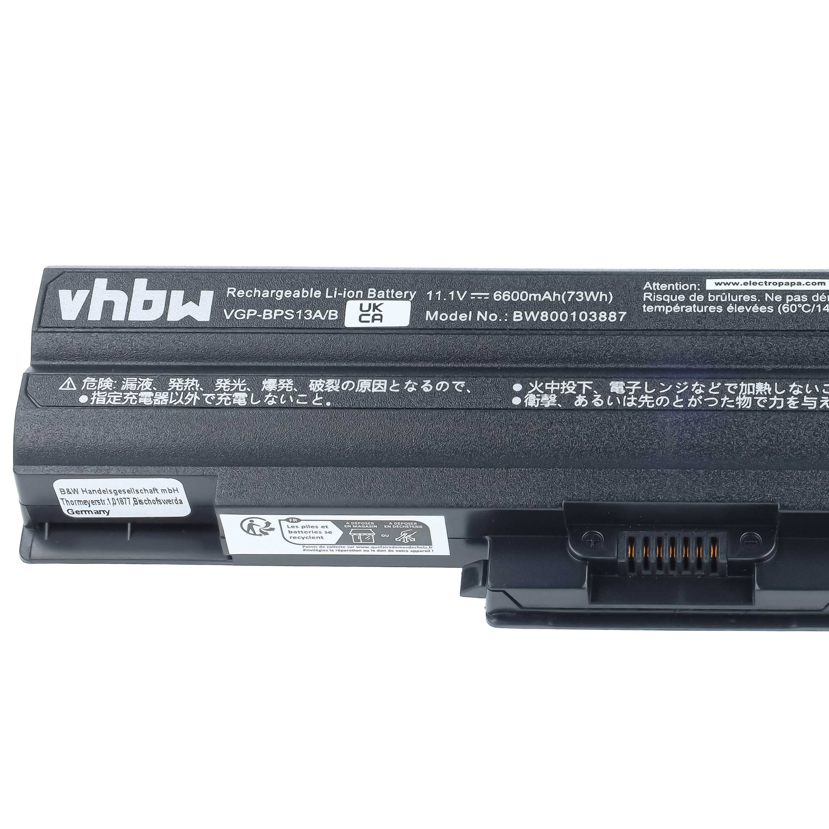 Schwarzer VHBW Laptop-Akku mit technischen Daten, Sicherheitshinweisen und elektrischen Kontakten.