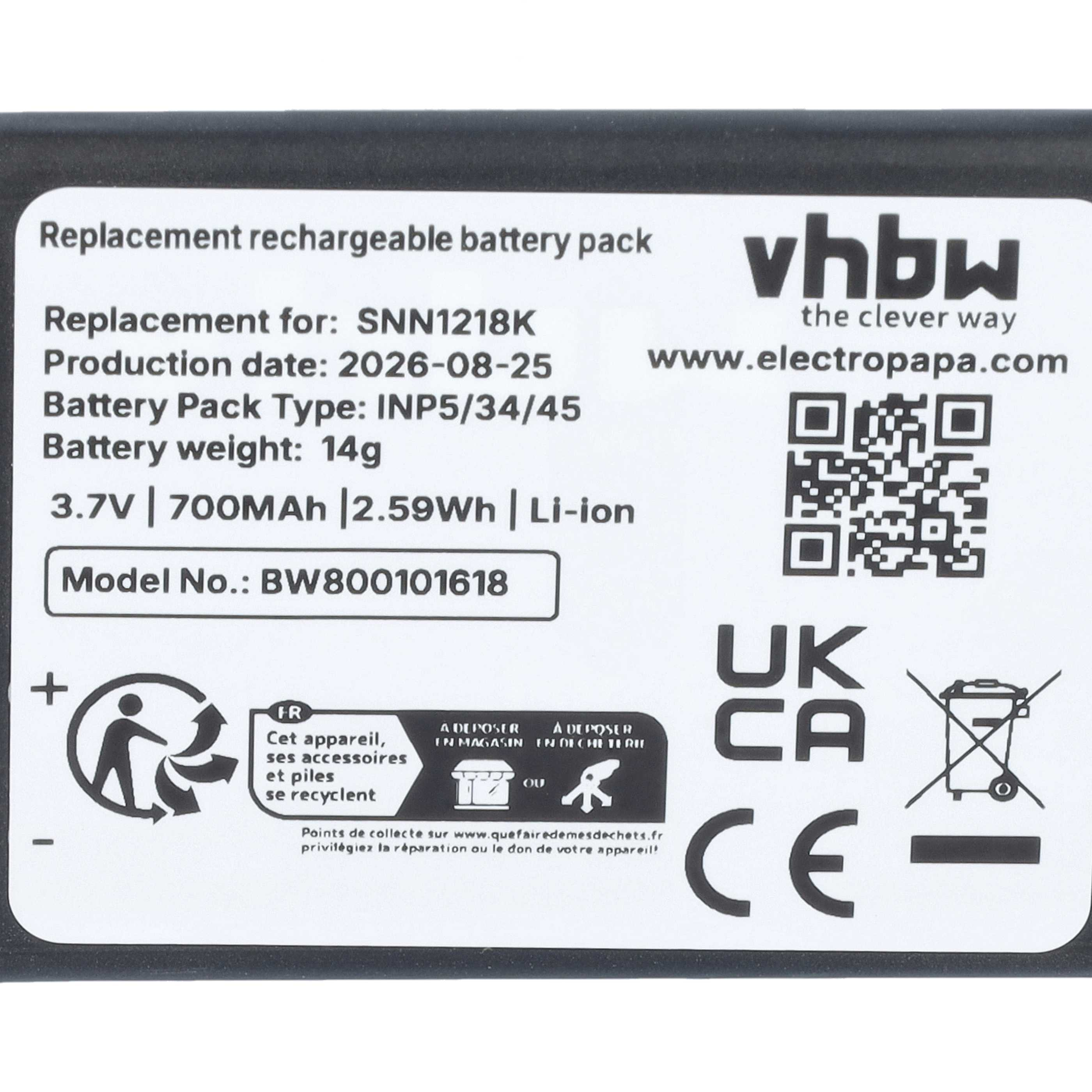 Ein weißes vhbw Ersatzakku-Etikett mit technischen Daten, QR-Code und CE-Zeichen.