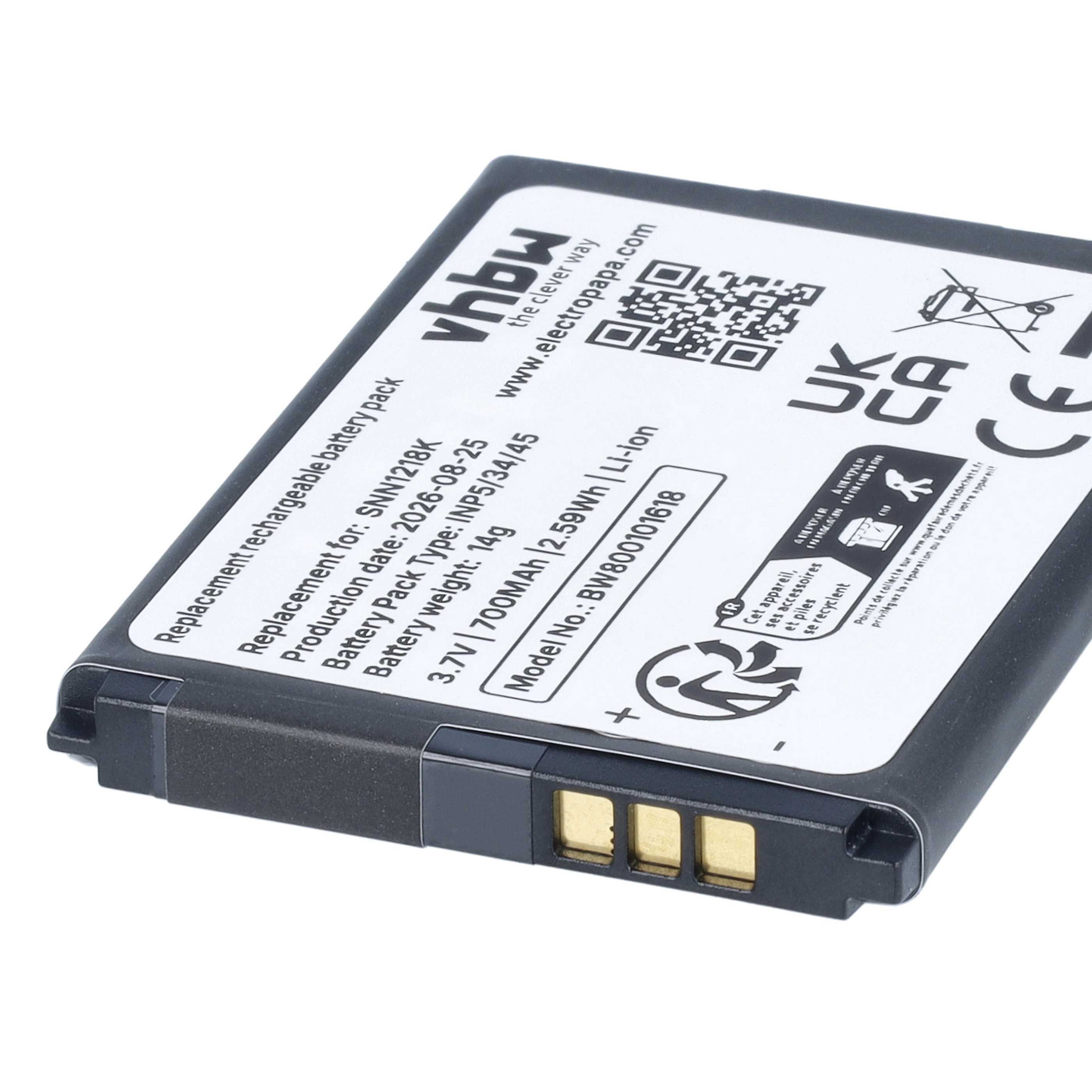 Ein wiederaufladbarer VHBW-Akku mit technischen Daten und Symbolen auf weißem Etikett.