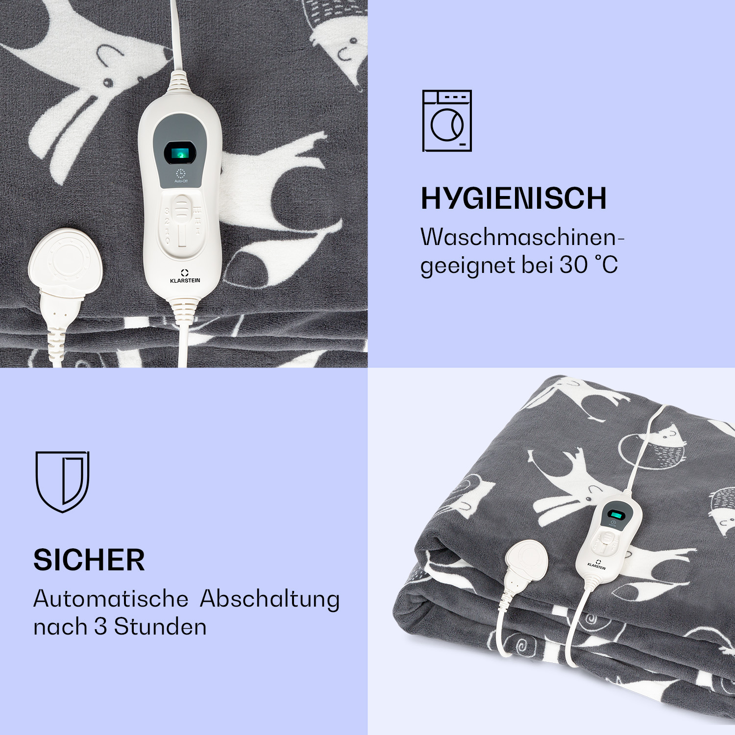 Graue Heizdecke mit weißem Tiermuster, abnehmbarem Bedienelement, maschinenwaschbar bei 30°C und automatischer Abschaltung.