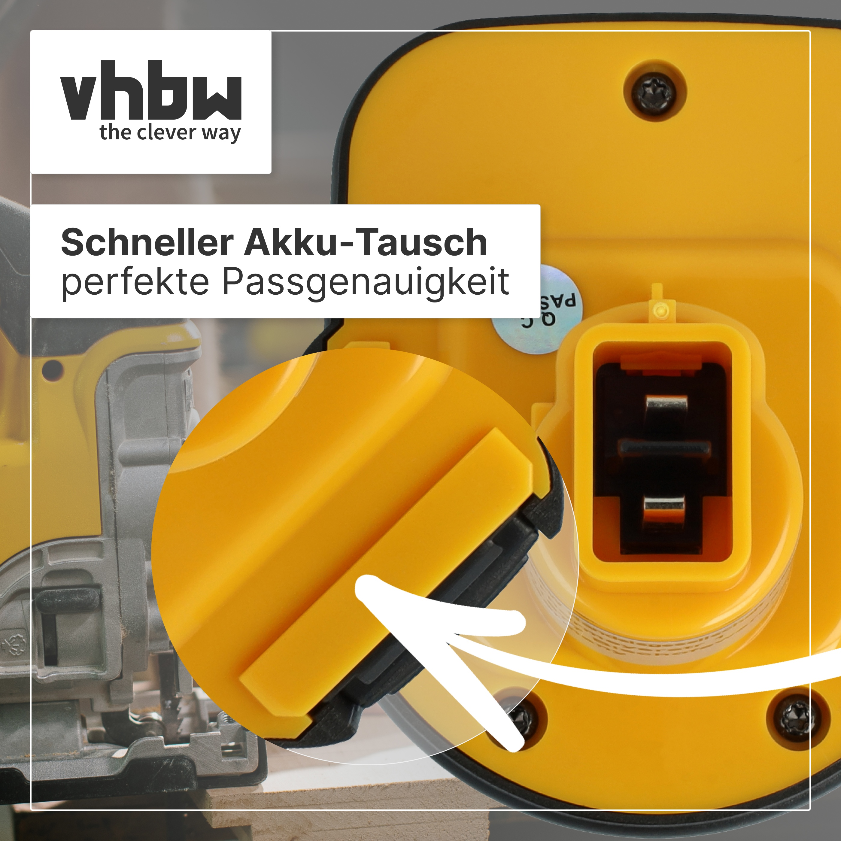 Gelbes Werkzeugteil mit Steckkontakt und Vergrößerung, Text "Schneller Akku-Tausch".