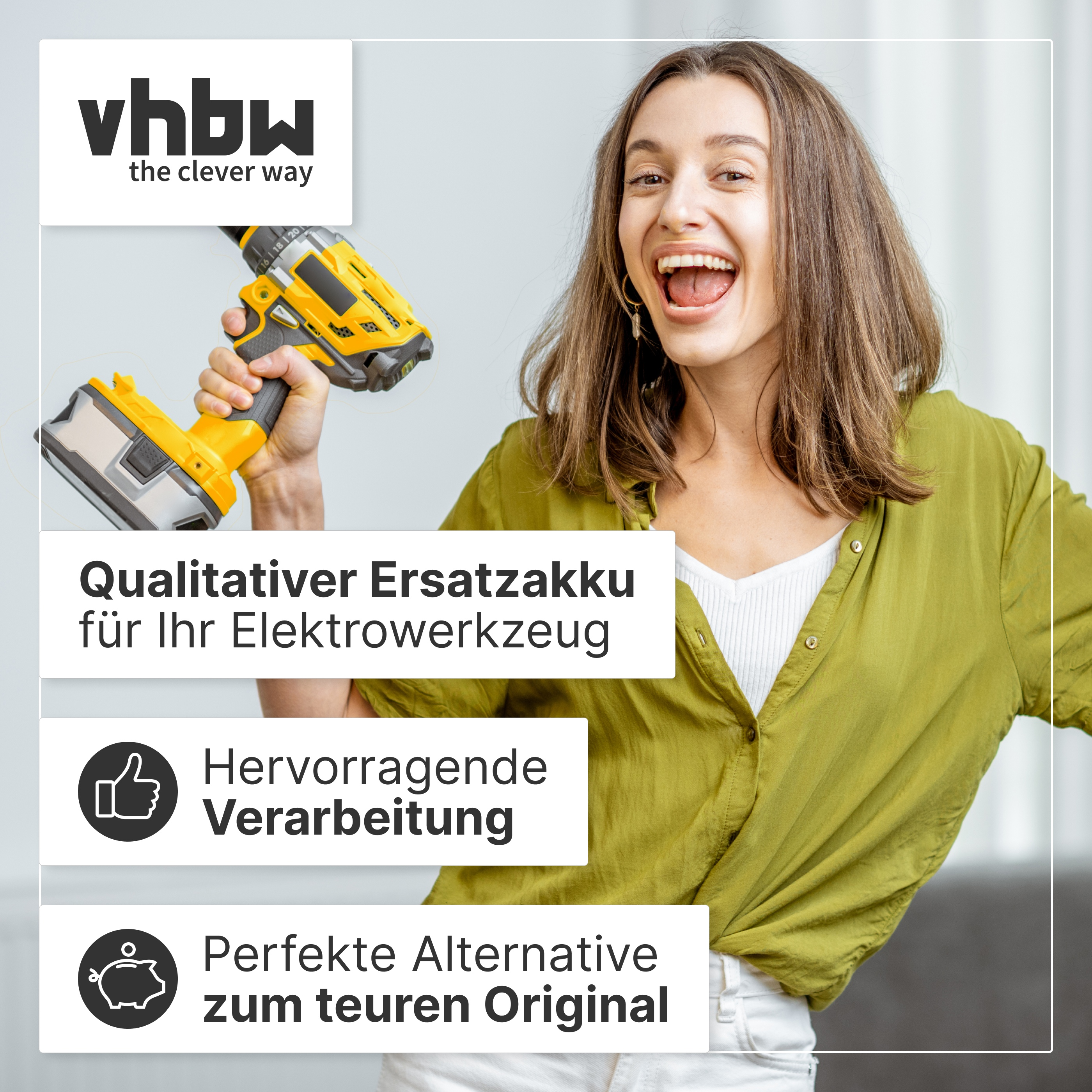 Eine glückliche Frau hält einen gelben Akkubohrer, mit Werbetexten.