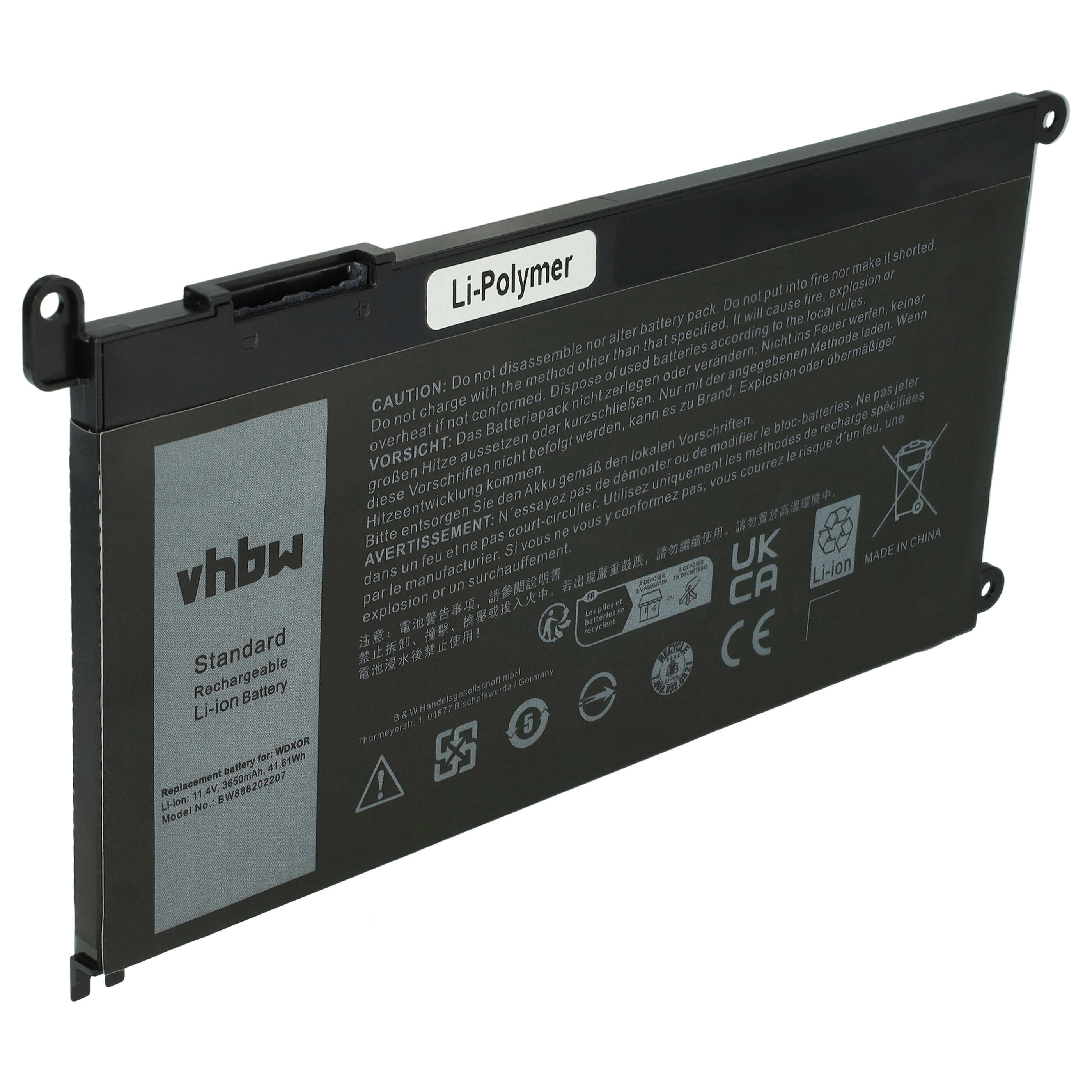 Eine schwarze Li-Polymer Ersatzakku für Laptops mit weißen Warntexten und vhbw-Logo.