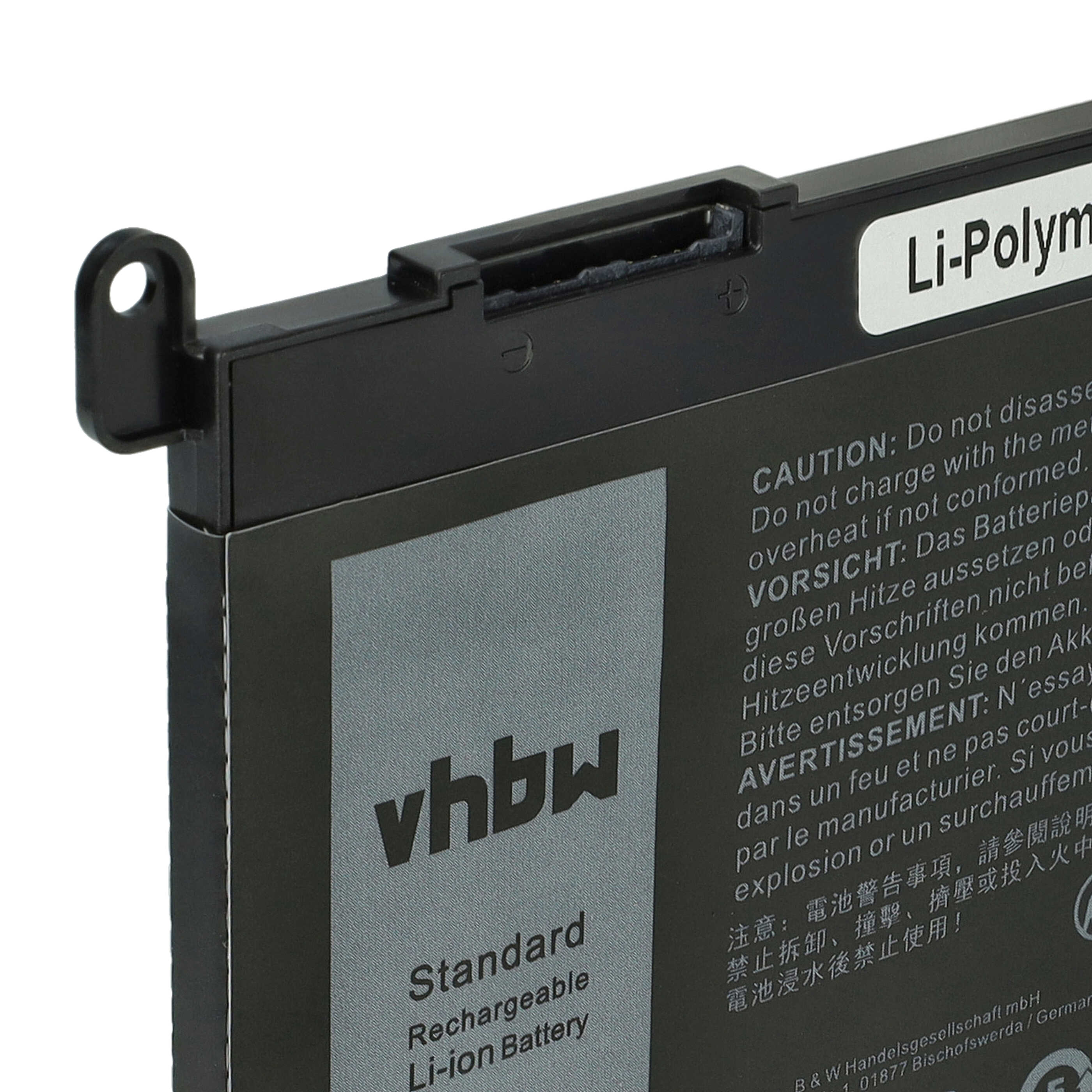 Nahaufnahme einer schwarzen vhbw Li-Ionen-Akku-Batterie mit Warnhinweisen und Anschluss.