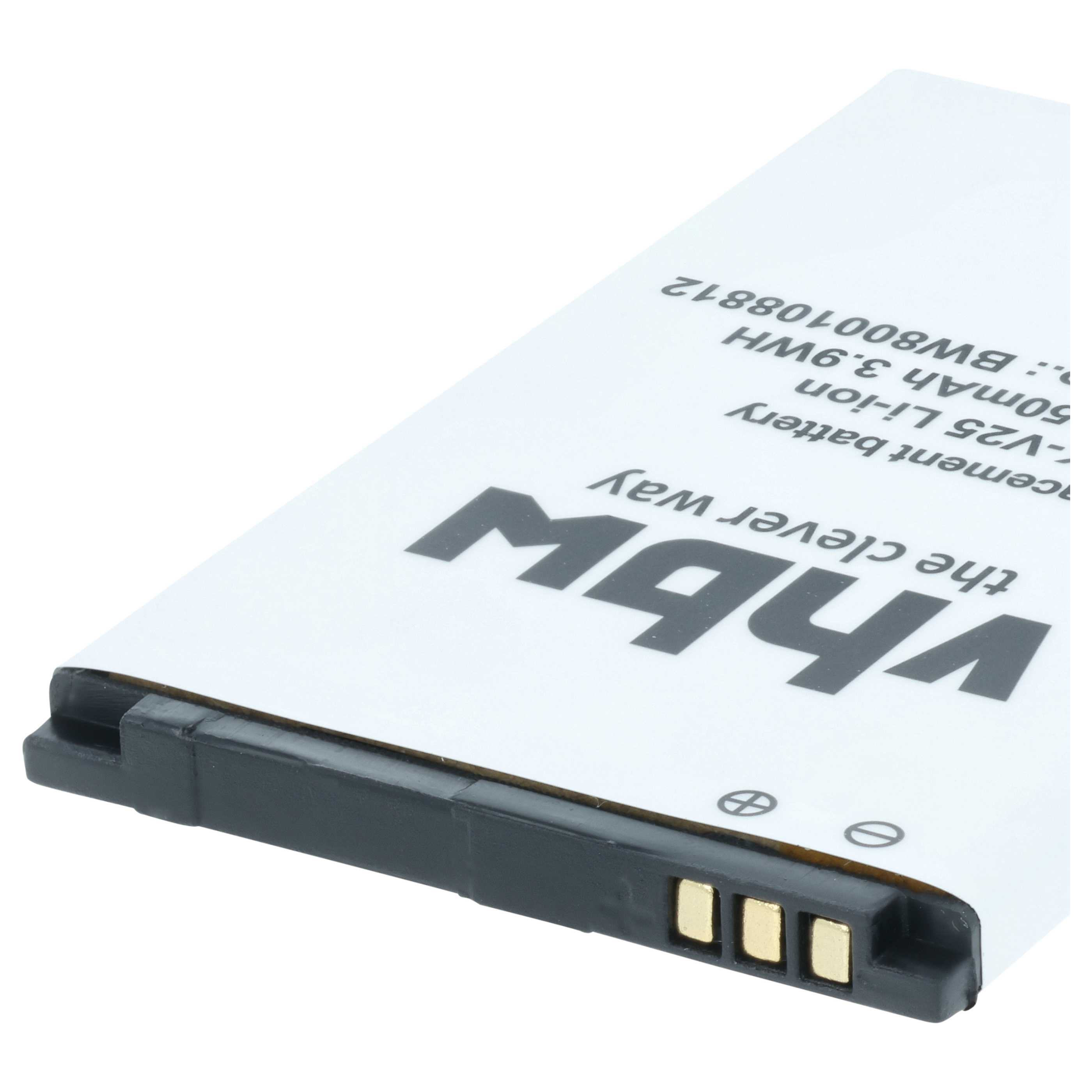 Eine weiße Ersatzbatterie mit Vhbw-Logo und goldenen Kontakten.
