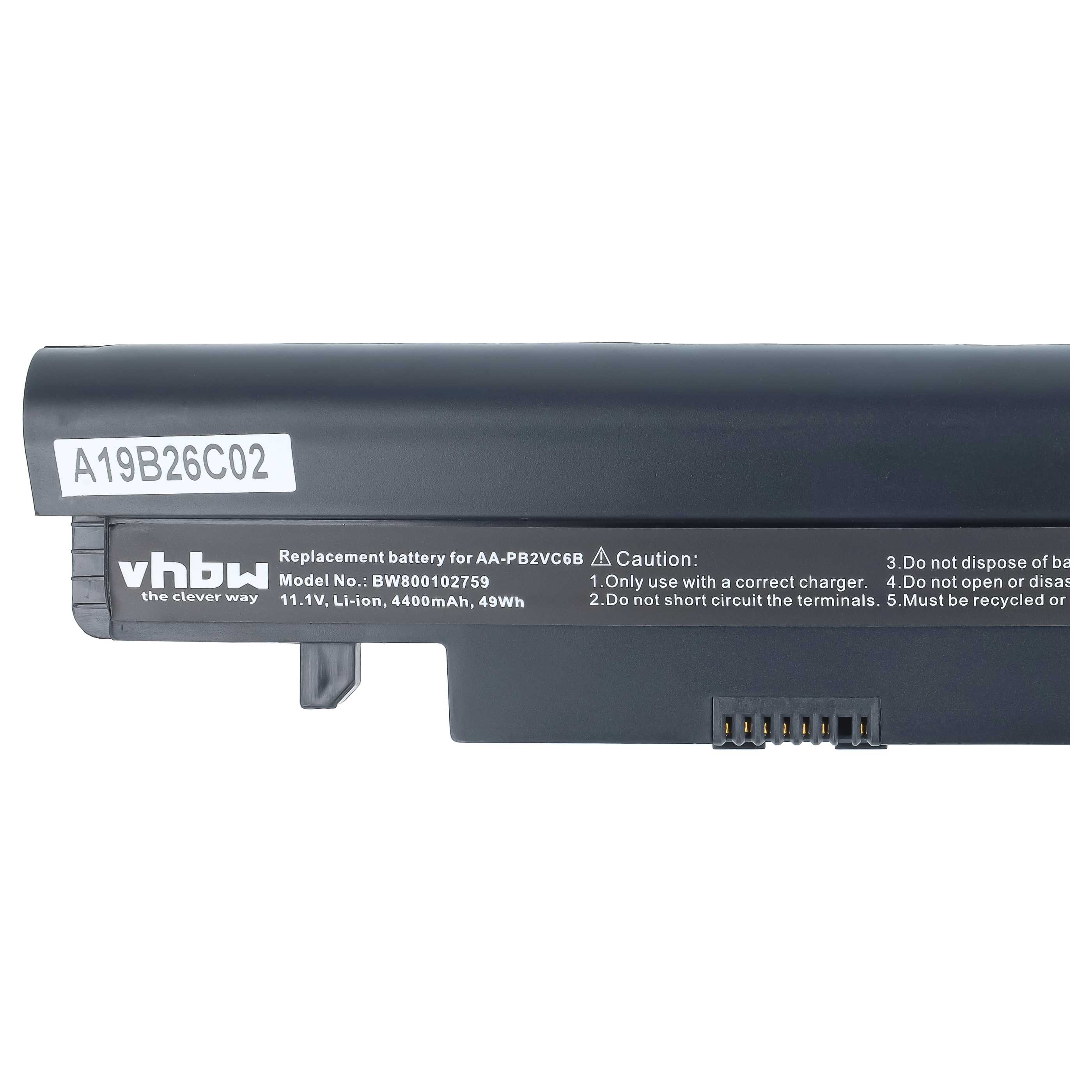 Ein grauer Laptop-Ersatzakku mit vhbw-Logo, Modellnummer BW800102759 und Sicherheitshinweisen.