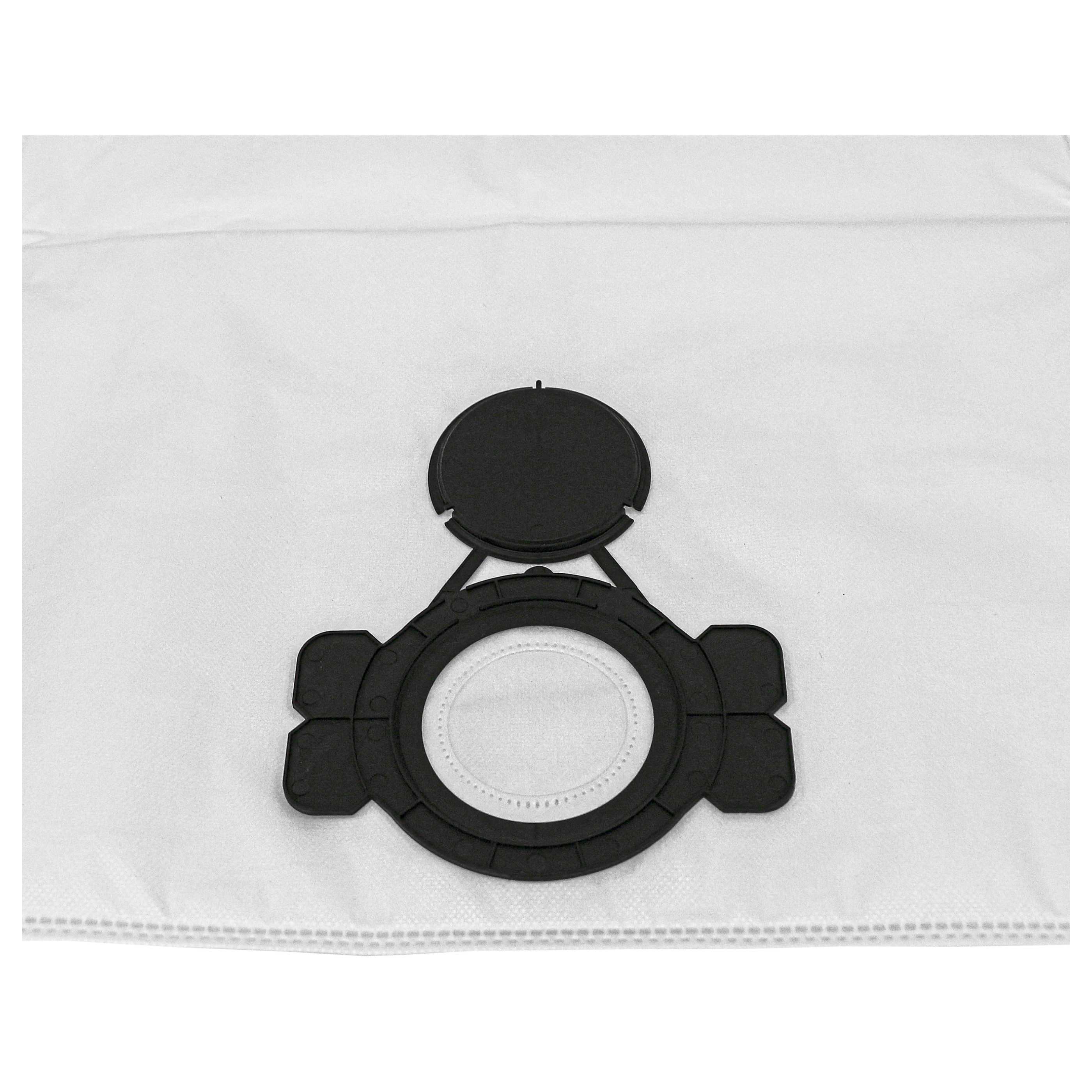 Ein weißer Staubsaugerbeutel mit schwarzem Kunststoffring und runder Verschlussklappe.