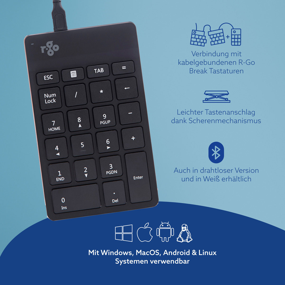 Tastierino numerico cablato nero su sfondo blu con icone in tedesco.