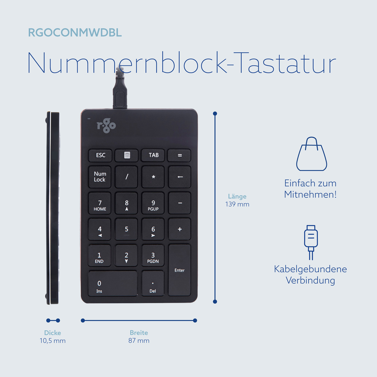 Tierierino numerico cablato nero con dimensioni e icone per portabilità e connessione.