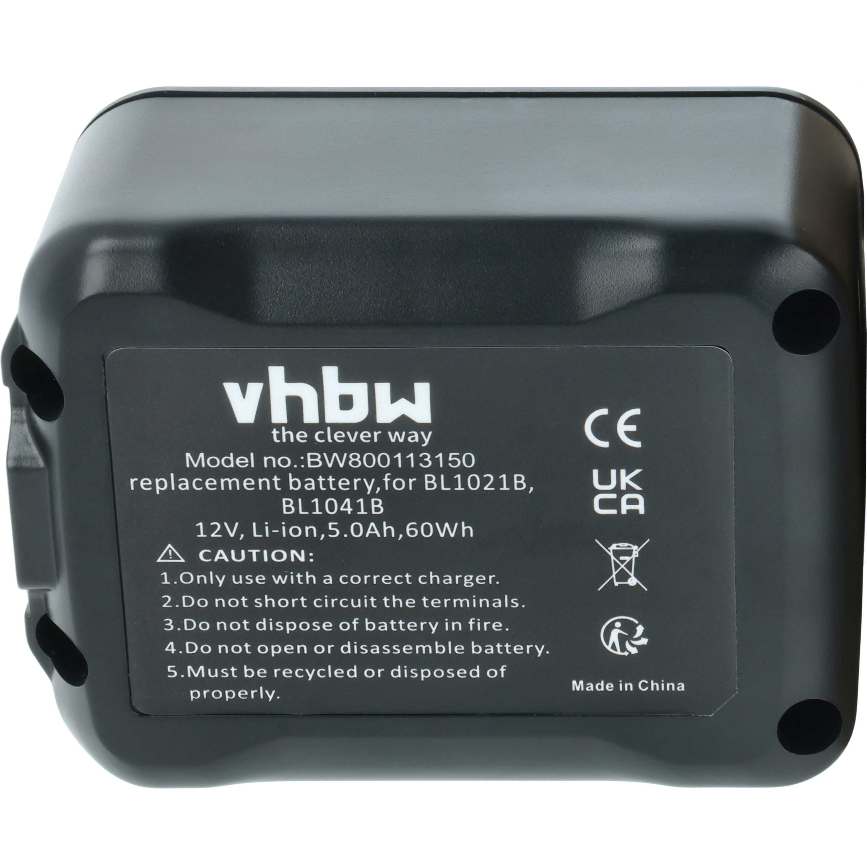 Schwarzer VHBW Akku mit weißen technischen Daten und Warnhinweisen.