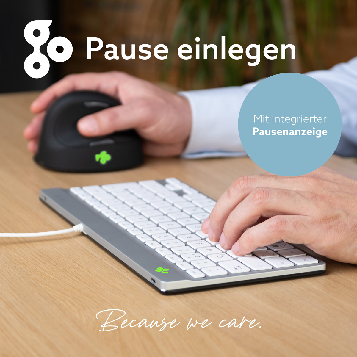 Person arbeitet an einer Tastatur und nutzt eine ergonomische Maus, Text "Pause einlegen".