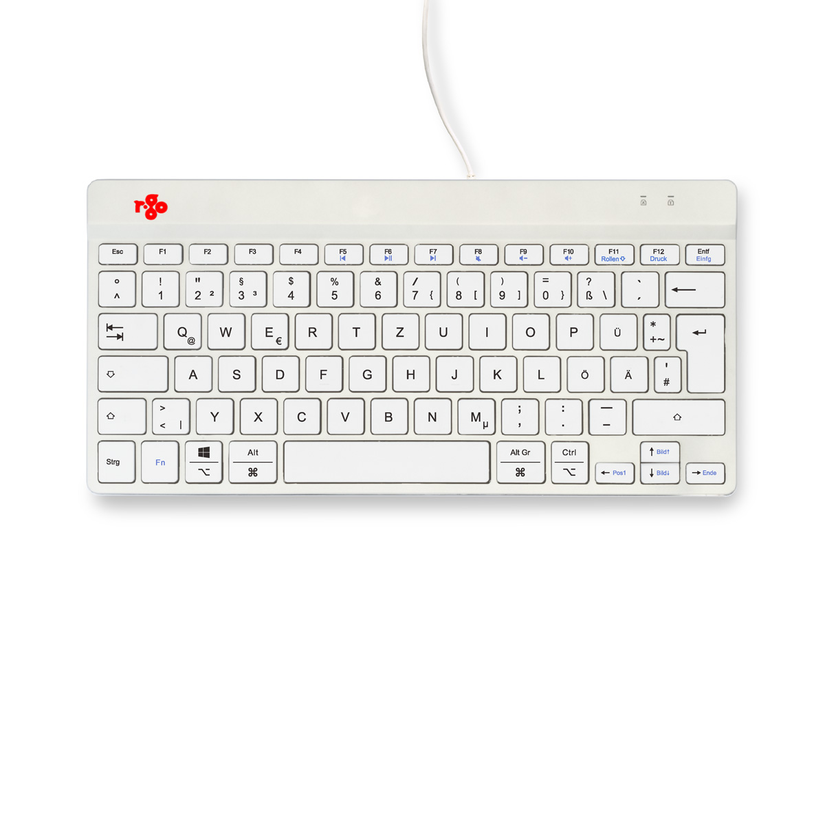 Eine weiße Computertastatur mit deutschem QWERTZ-Layout auf weißem Hintergrund.