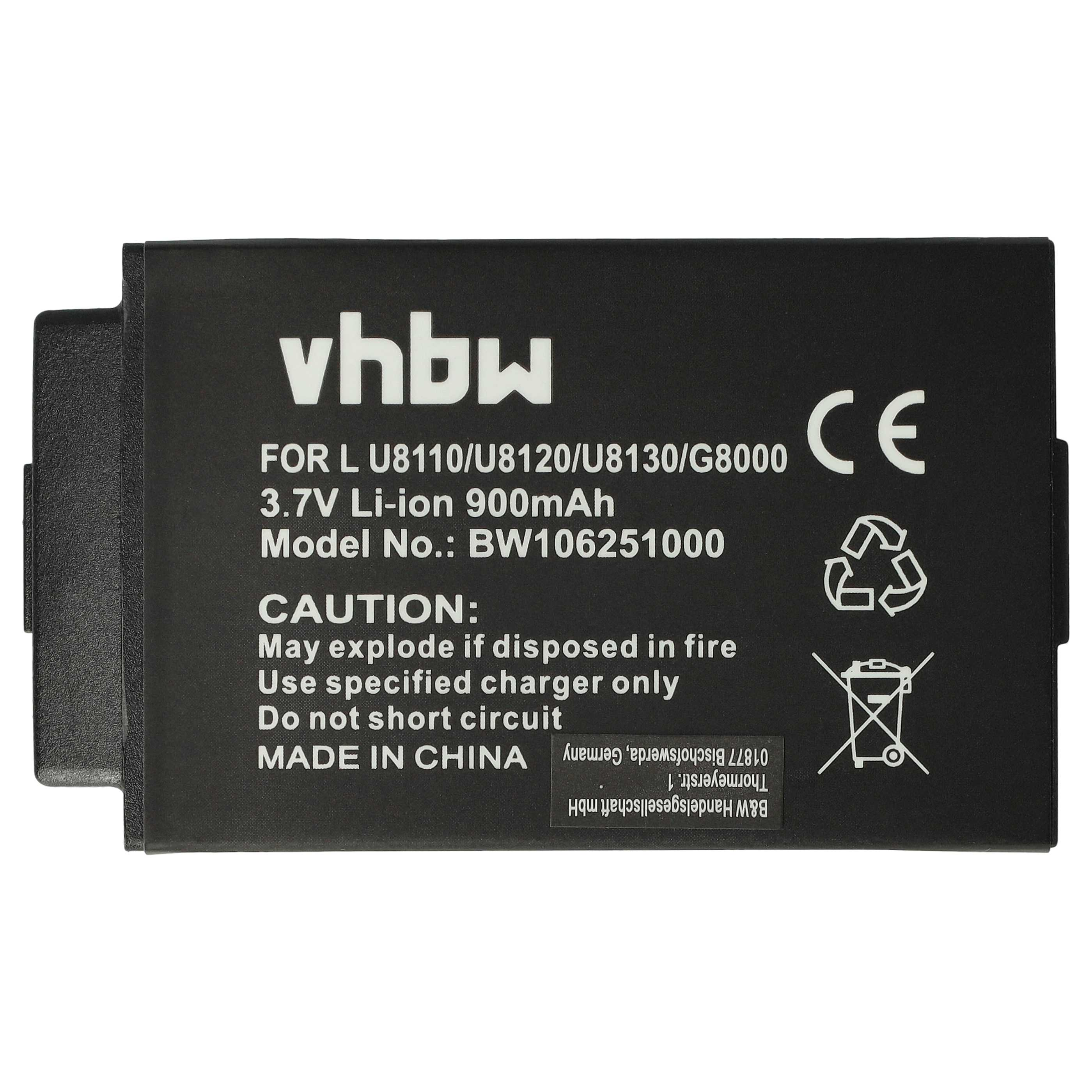 Schwarzer Li-Ion-Akku mit weißem Vhbw-Logo, Technischen Daten und Warnhinweisen.
